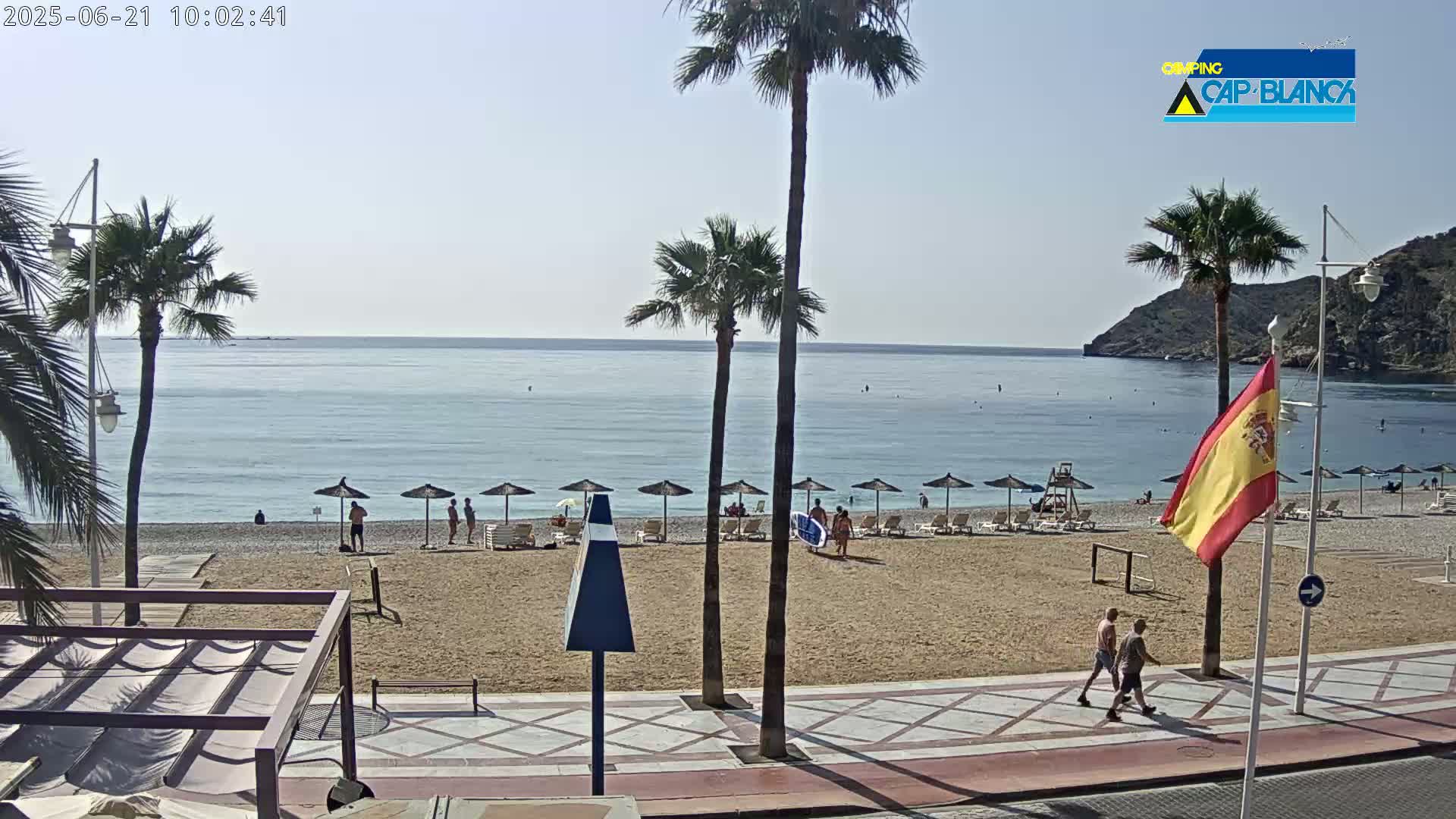 A sandy beach with palm trees, beach umbrellas, and people is next to calm, blue water under a clear sky.