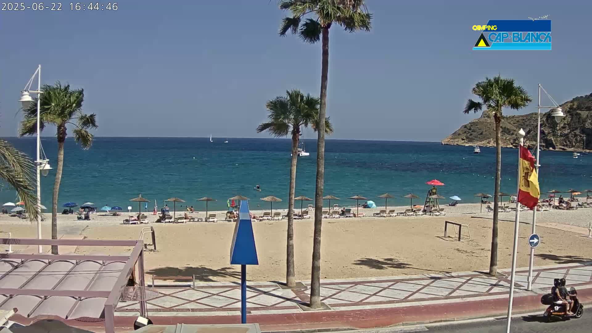 A sandy beach with scattered beach umbrellas and people, palm trees, and a calm ocean under a clear blue sky.
