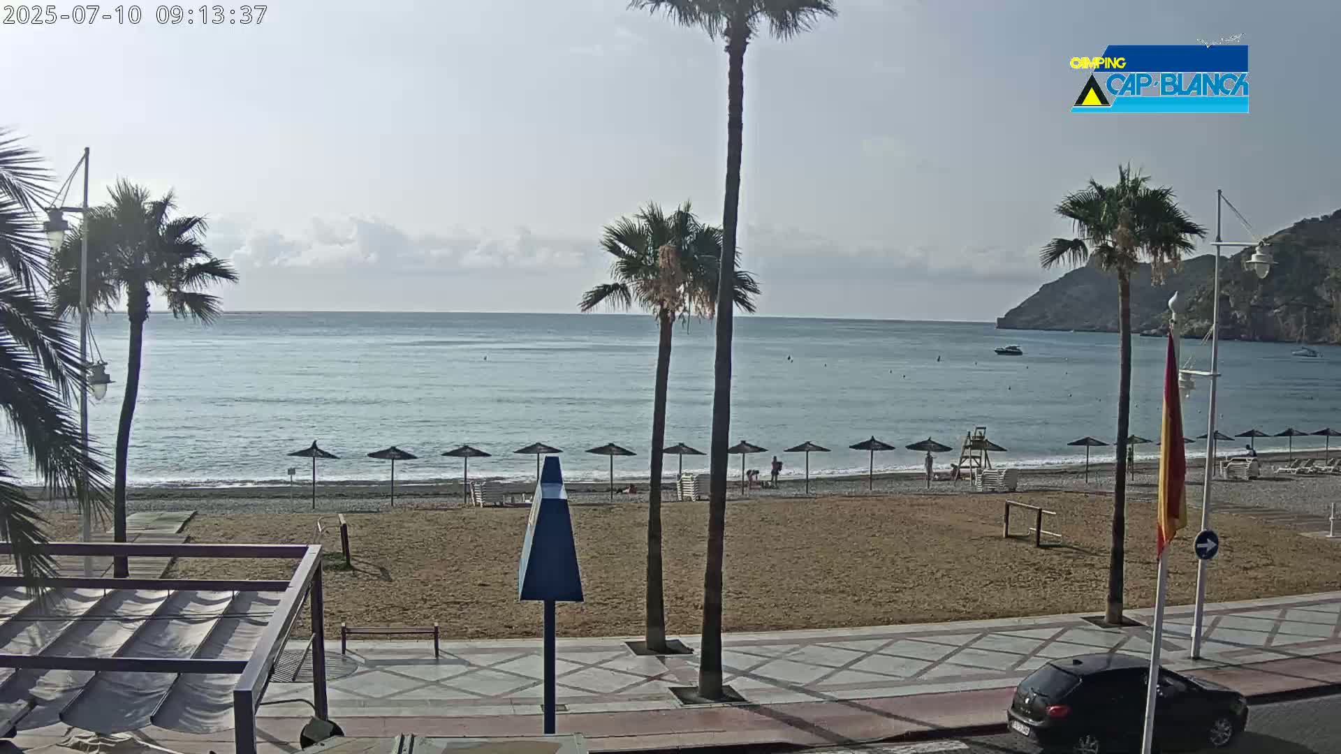 A sandy beach with calm ocean water, palm trees, and a few beach umbrellas under a mostly clear sky.