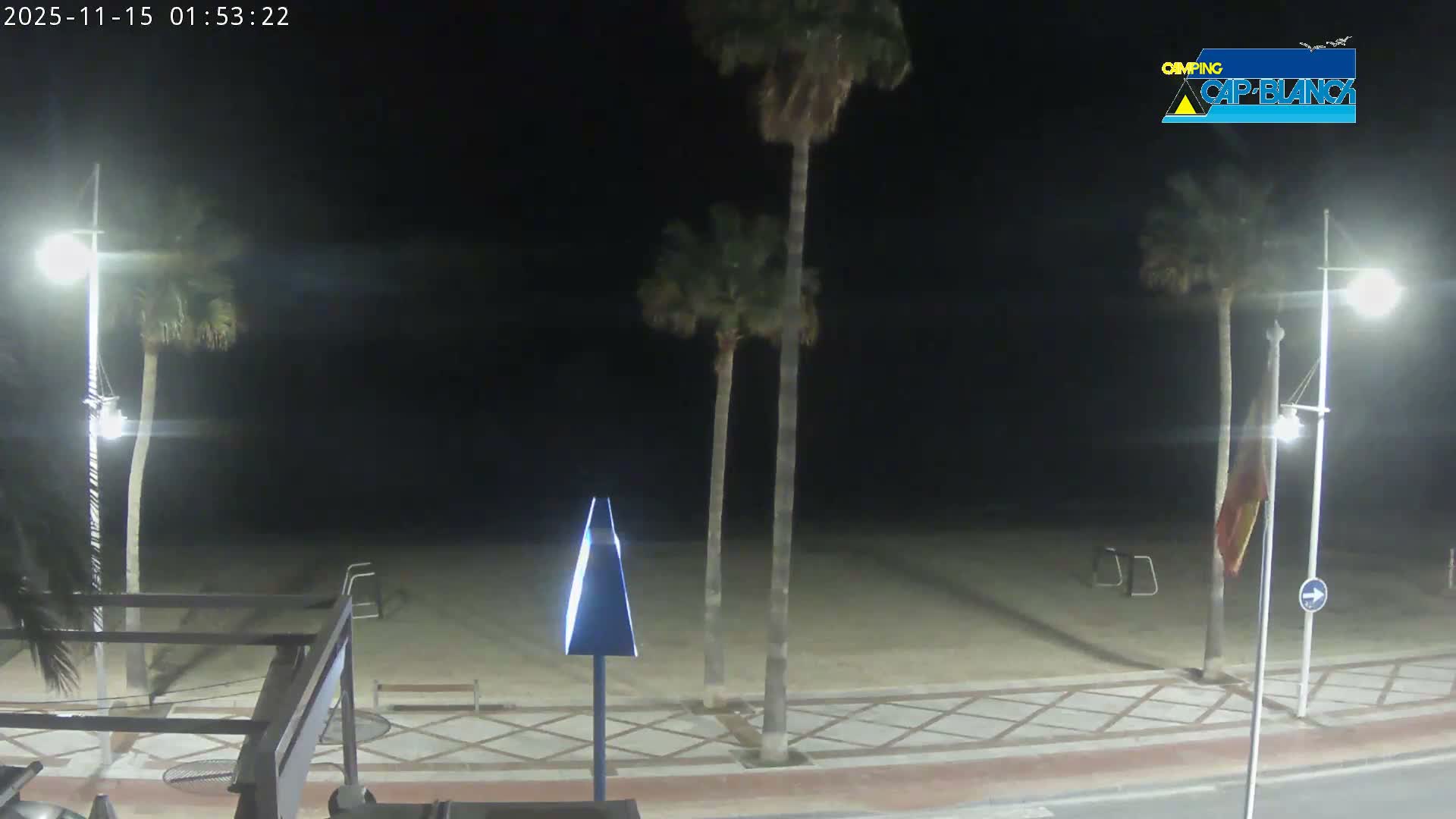 A serene night view of a beach promenade, featuring brightly lit streetlights, palm trees, a sandy expanse, and a patterned walkway, with clear and calm skies overhead.