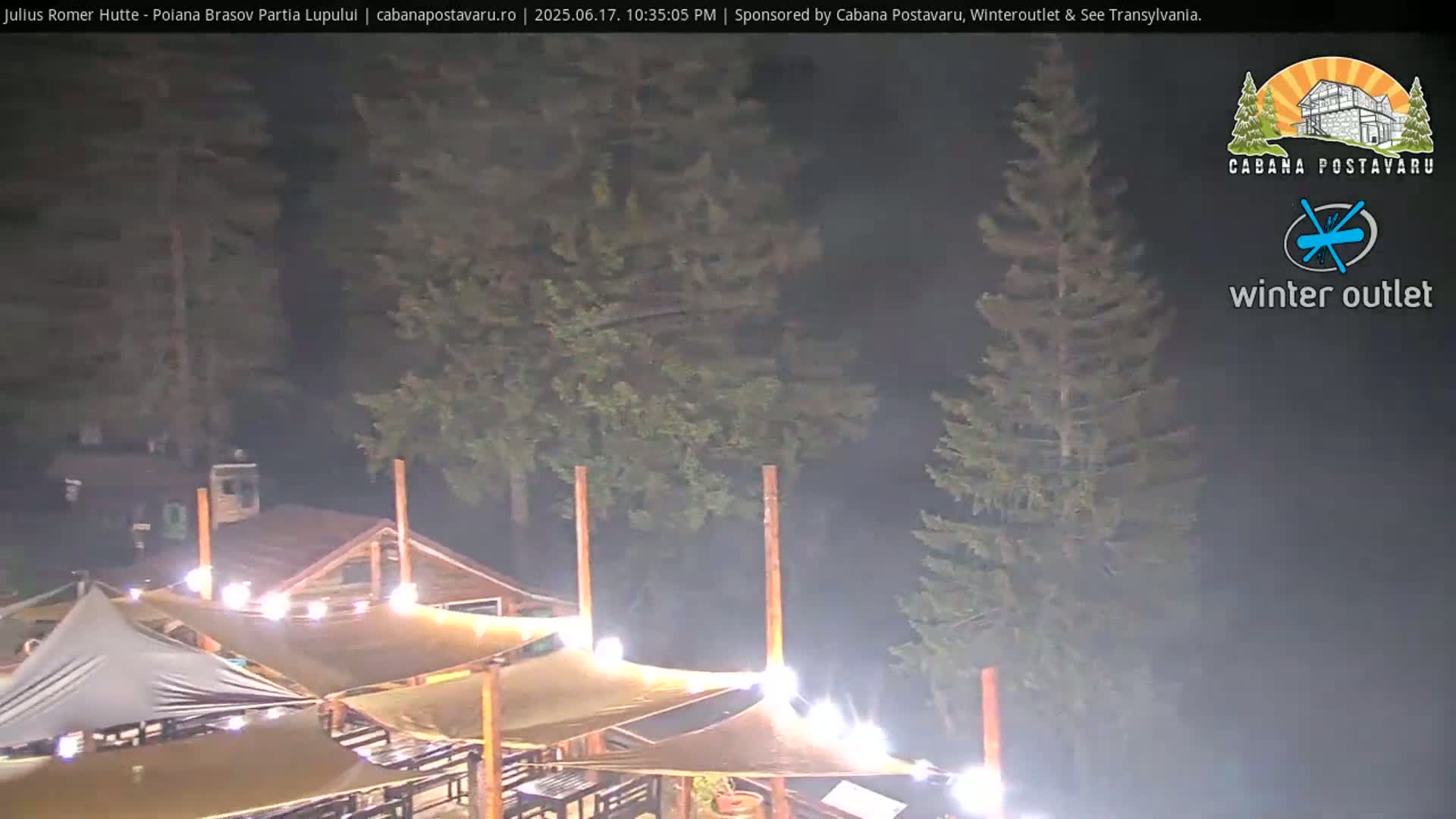 At night, under a hazy sky, string lights illuminate outdoor canopies surrounding a wooden building nestled among dark evergreen trees.