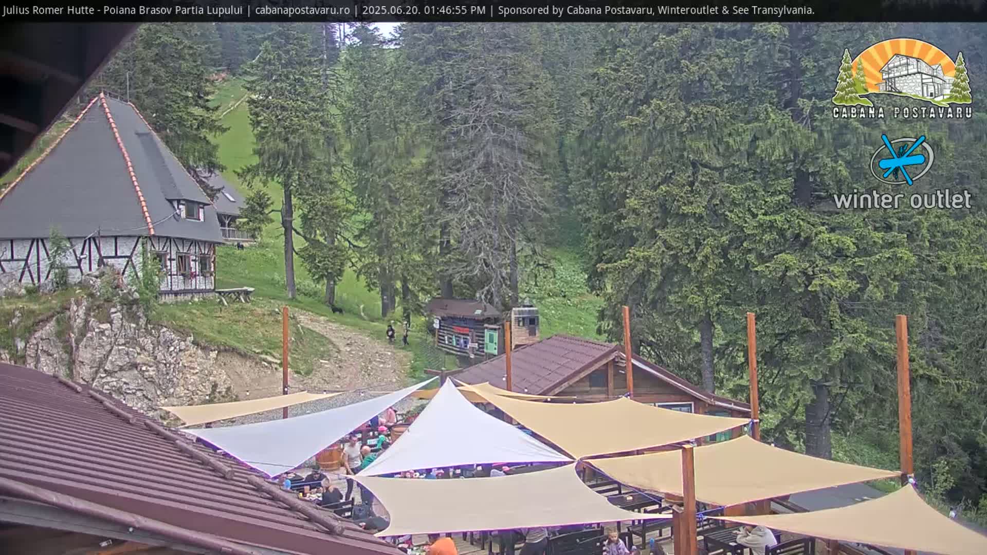 A mountainside outdoor restaurant with several shade canopies is filled with people, with wooden buildings and a grassy hillside visible in the background on a partly cloudy day.