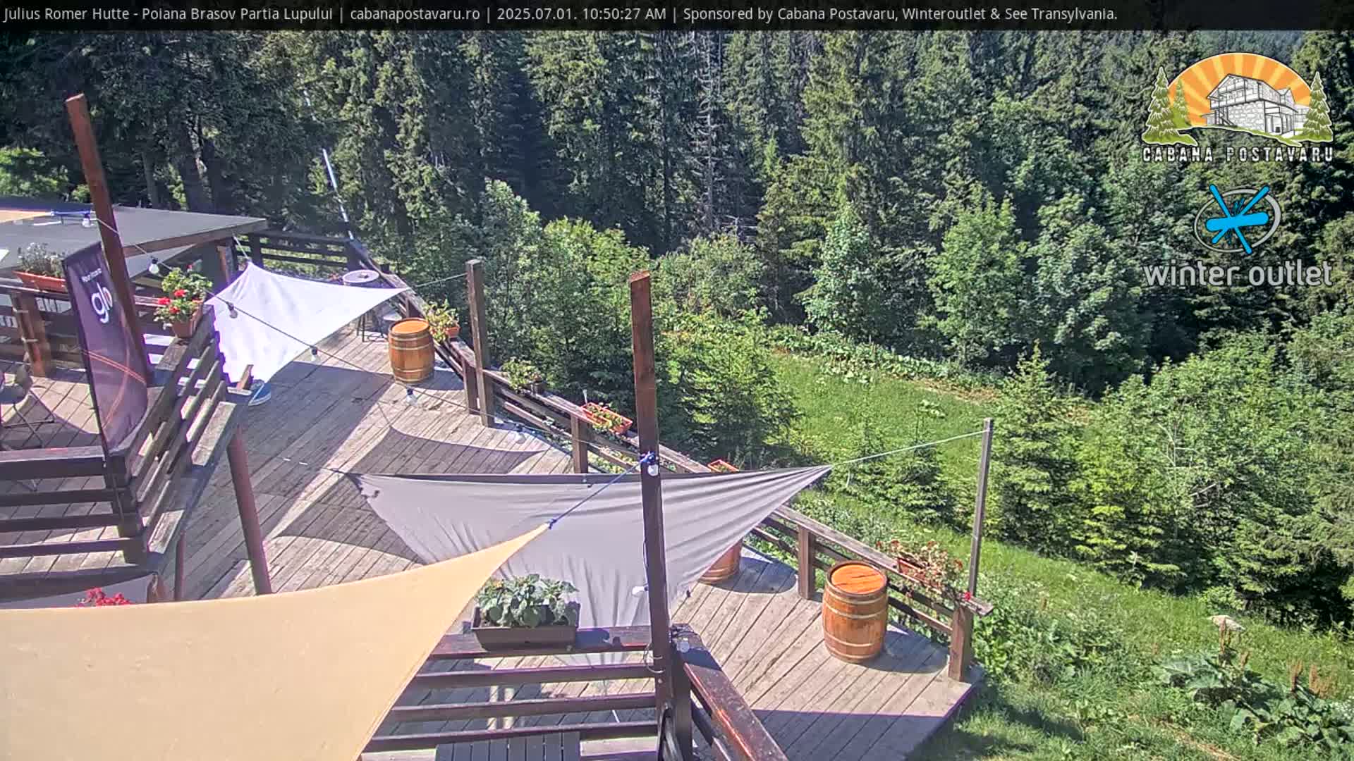 An outdoor wooden deck with shade sails overlooks a grassy area and a forest, under sunny conditions.