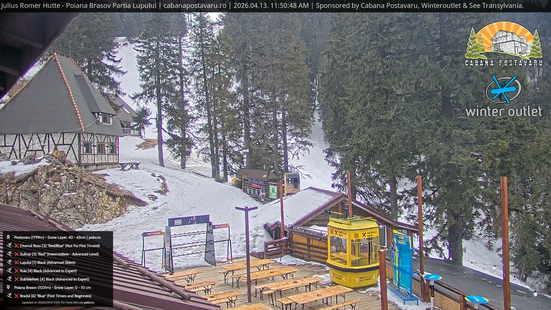 A snow-covered multi-level wooden deck featuring outdoor seating and barrel tables overlooks a dense, snow-laden evergreen forest on a cold, snowy winter day.