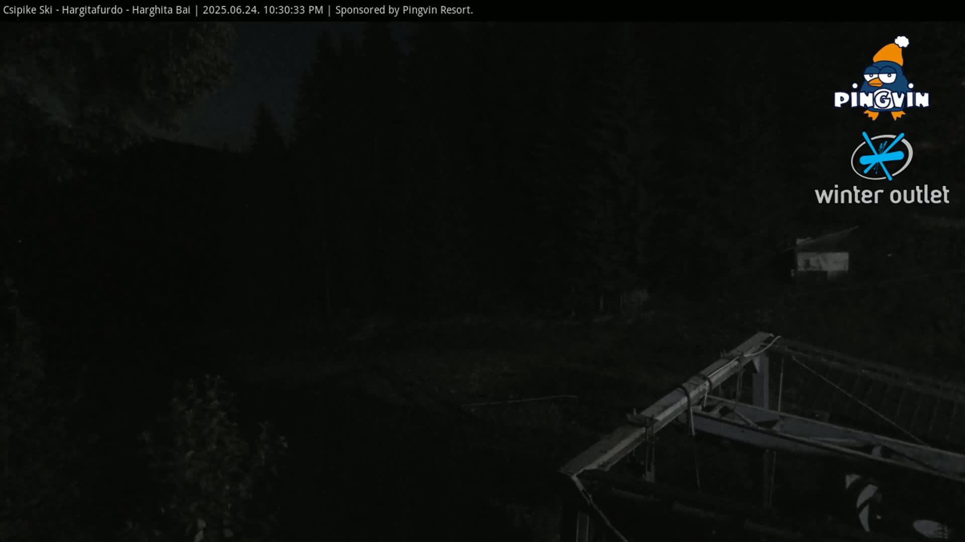 A dark, nighttime scene shows a partially visible structure and trees under a mostly clear sky.