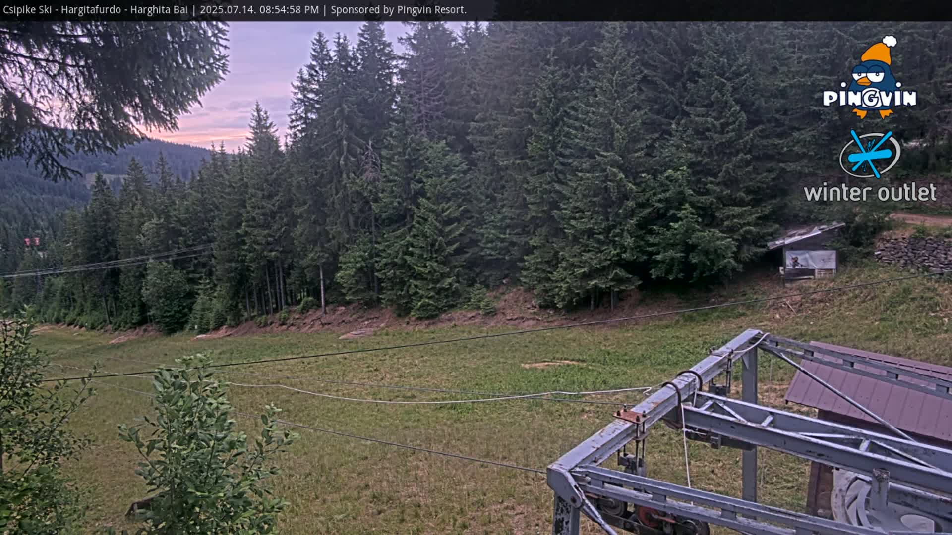 A grassy clearing in a mountainous forest at sunset, with a ski lift in the foreground.