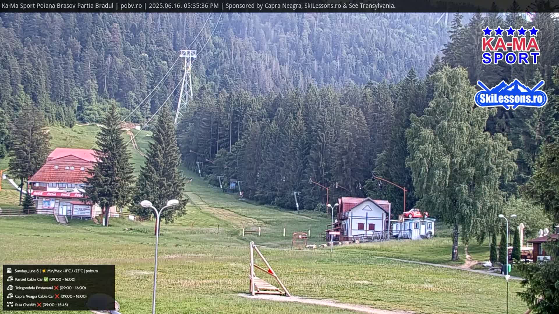 A grassy ski slope with a chairlift and several buildings is visible on a partly cloudy day, surrounded by a dense forest of evergreen trees.
