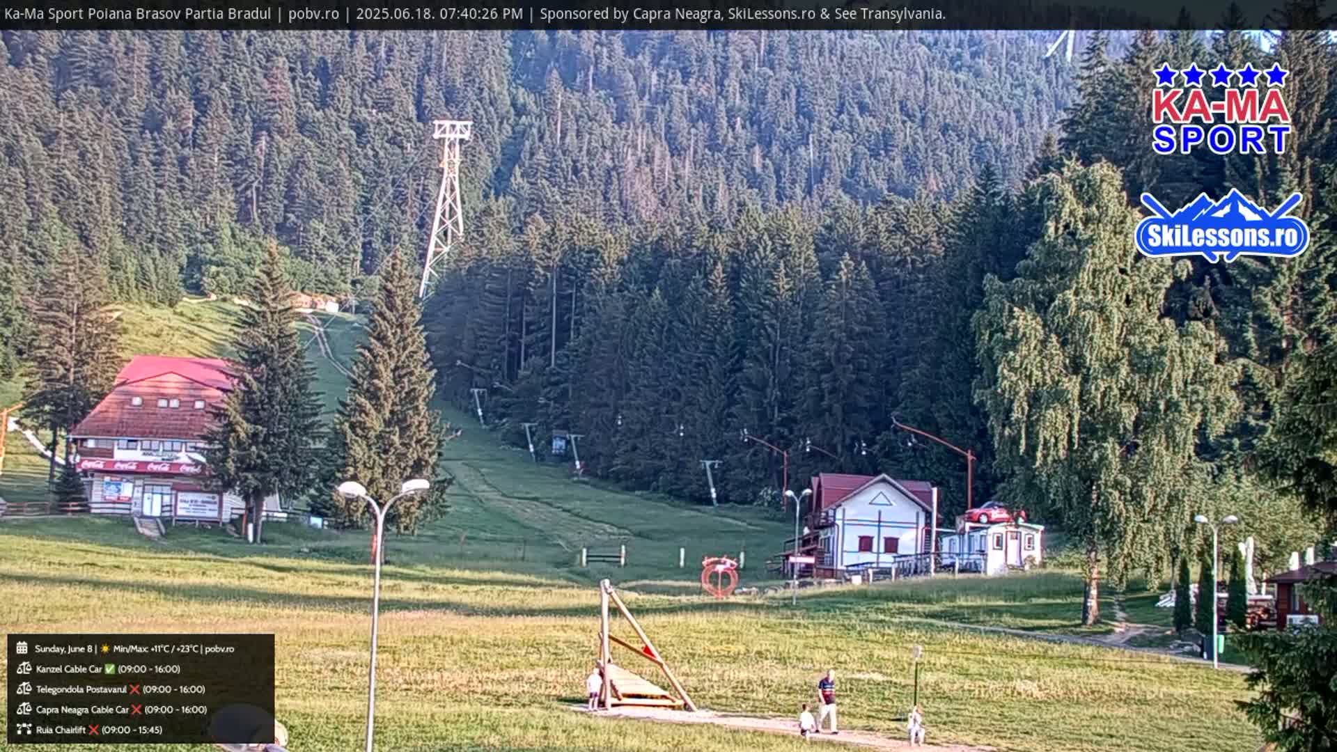 A sunny view of a ski resort with green grassy slopes, a small building, a chairlift, and a few people.