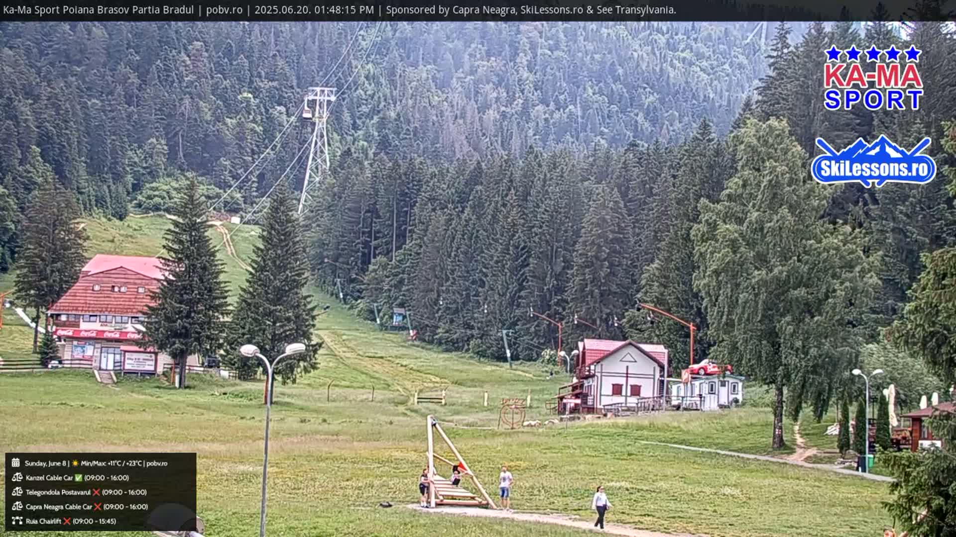 A grassy hillside with a few buildings, a chairlift, and several people near a wooden structure, all set against a backdrop of a dense forest under partly cloudy skies.
