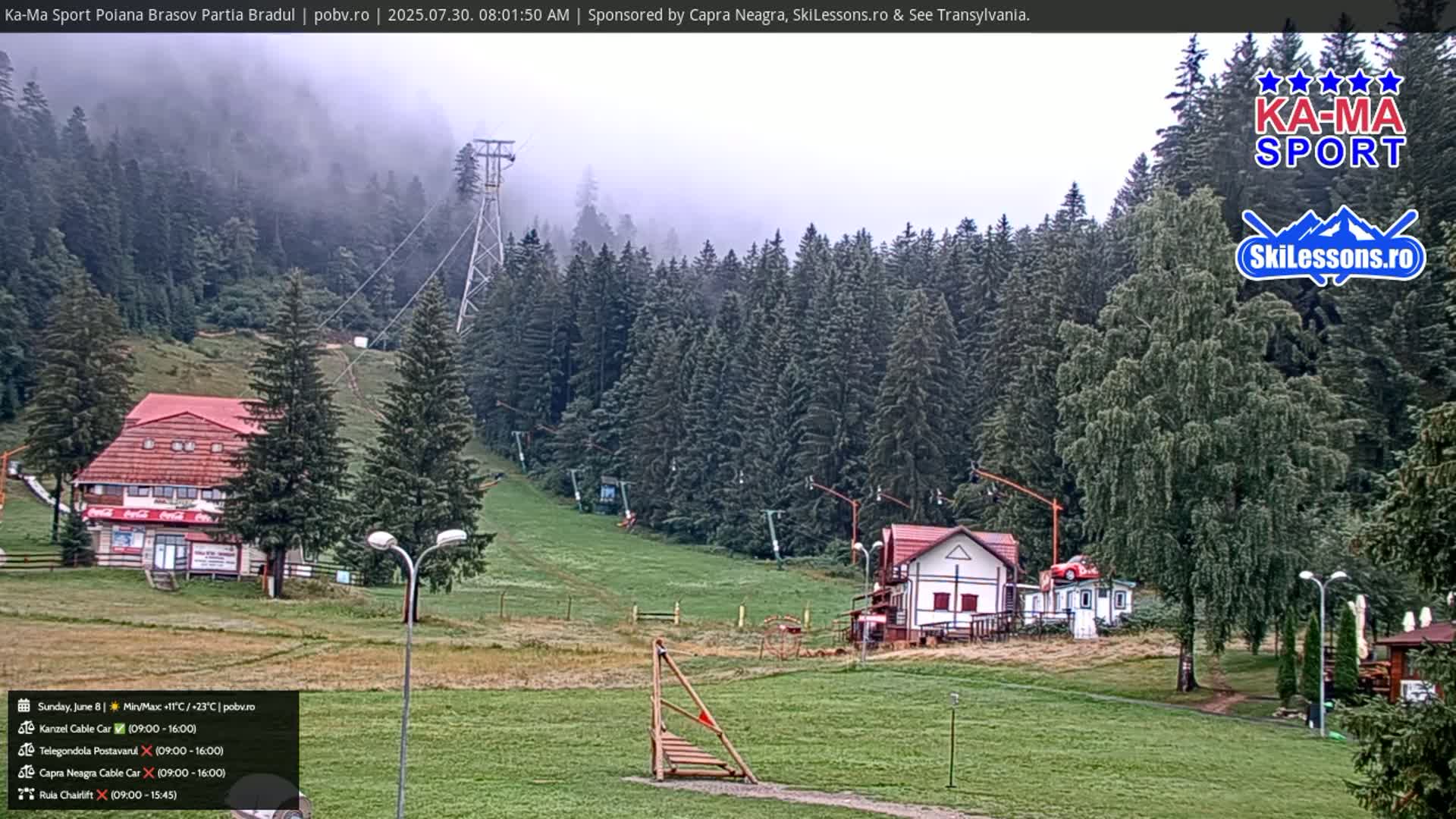A sunny day at a ski resort shows a grassy area with a few people, a small building, and a chairlift ascending a forested hillside.