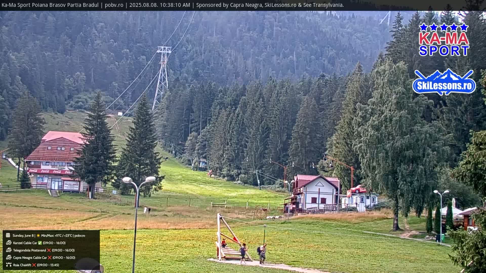 A mostly sunny view of a grassy ski resort with buildings, a chairlift, and a forested hillside in the background.