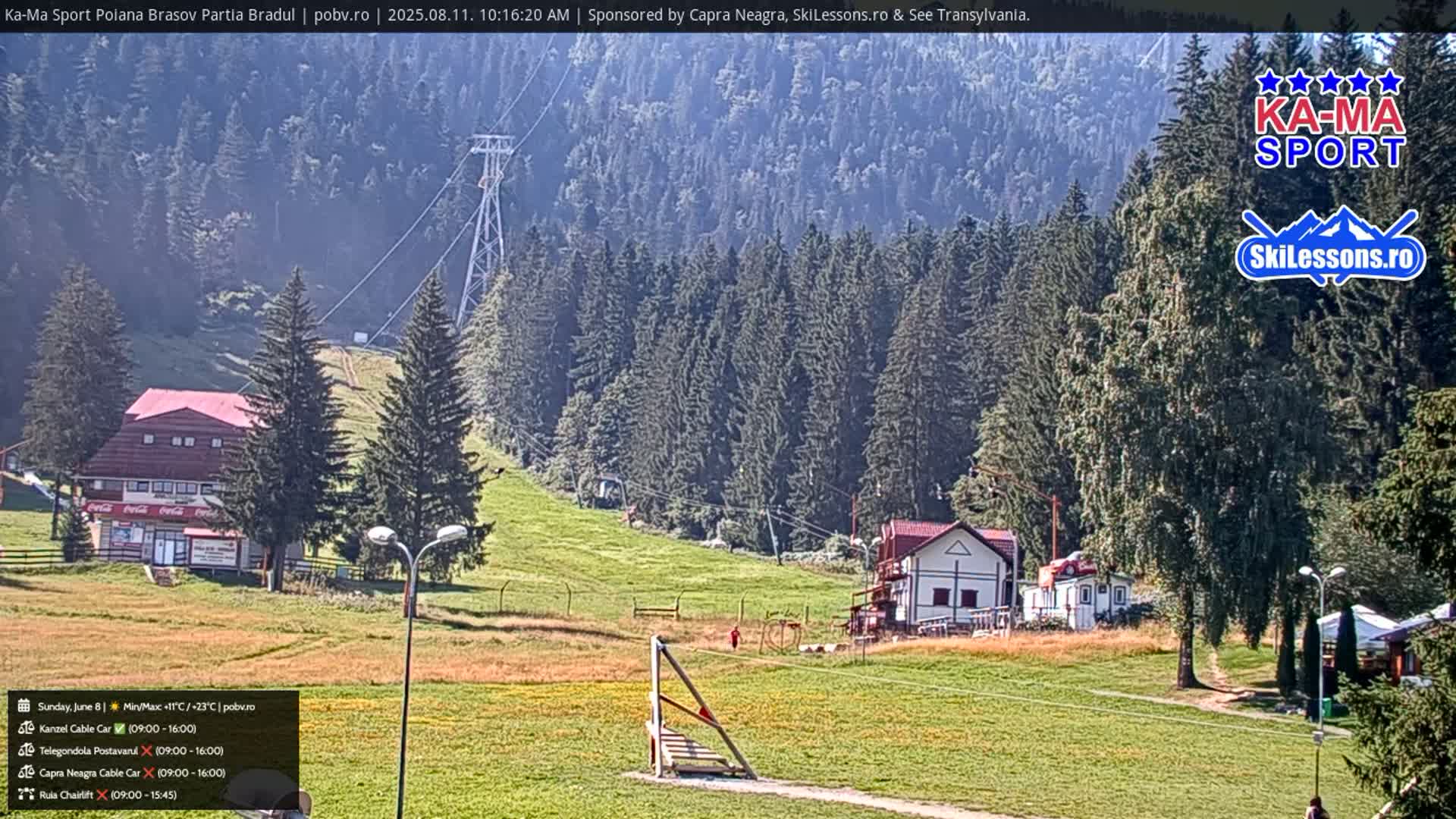 A sunny, outdoor view of a grassy area with buildings, a chairlift, and a forest in the background.