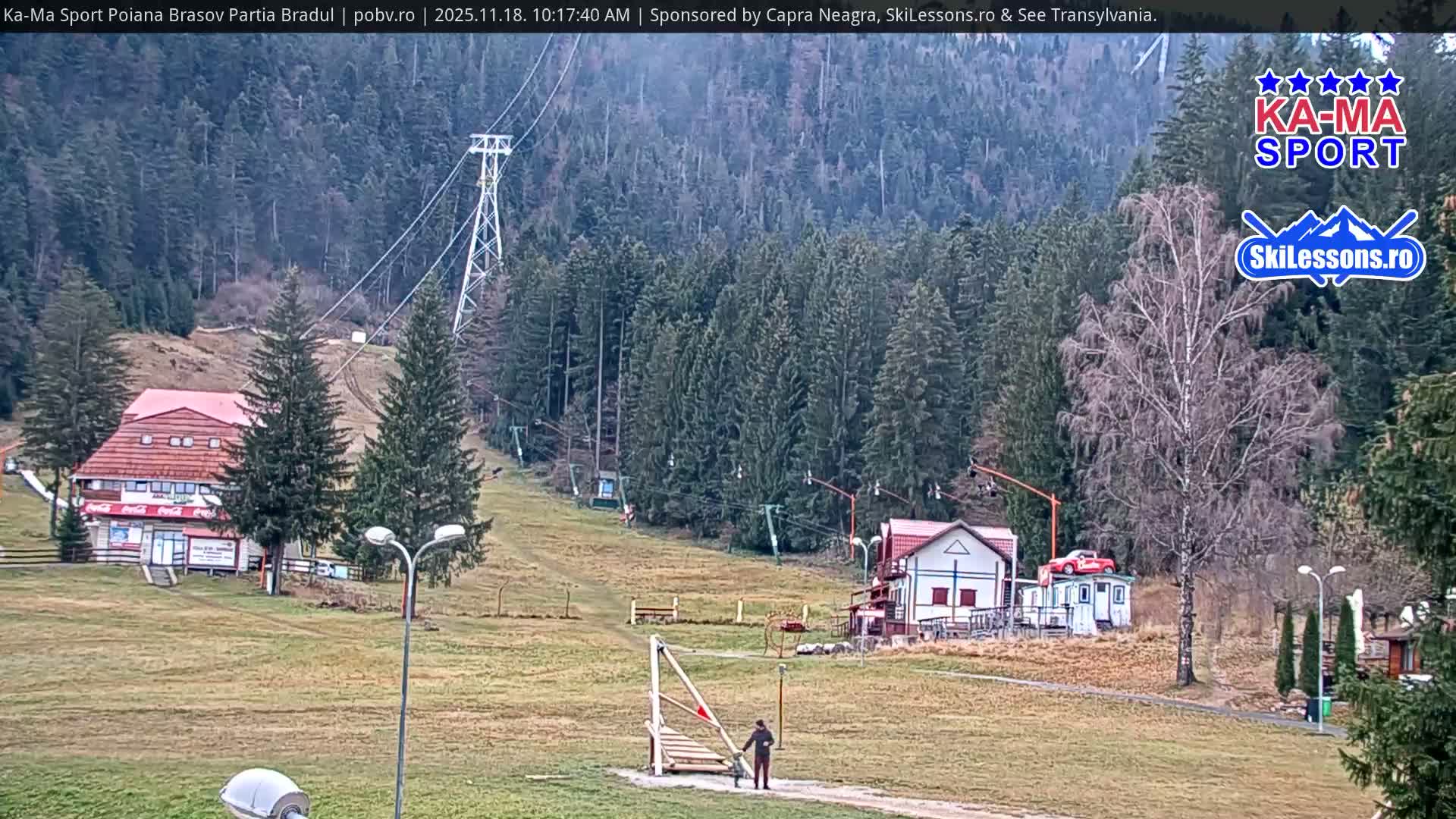 Under an overcast sky, a snowless ski resort displays grassy slopes leading up to dense evergreen forests, dotted with red-roofed buildings and ski lift infrastructure, with a lone individual near a wooden obstacle.