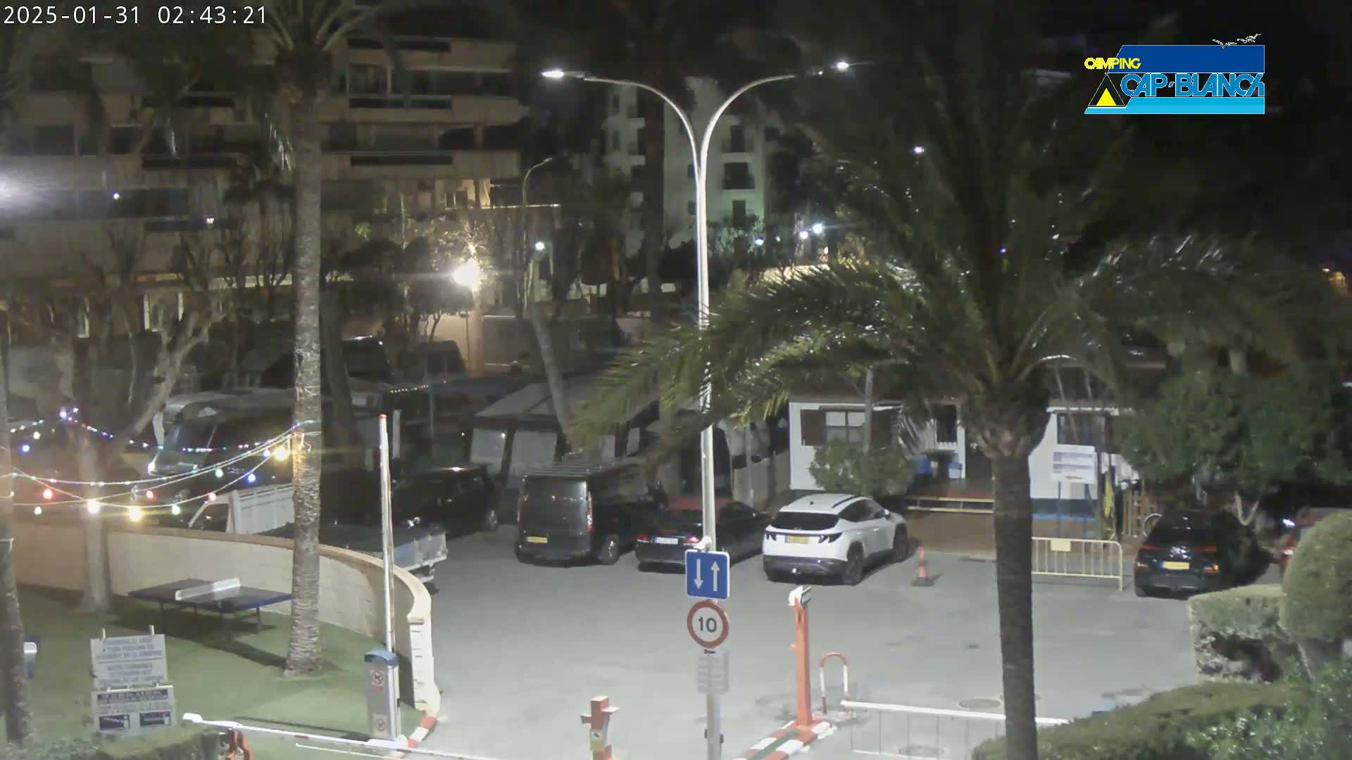 A nighttime view of a parking lot with cars and RVs, palm trees, and string lights, next to a building.
