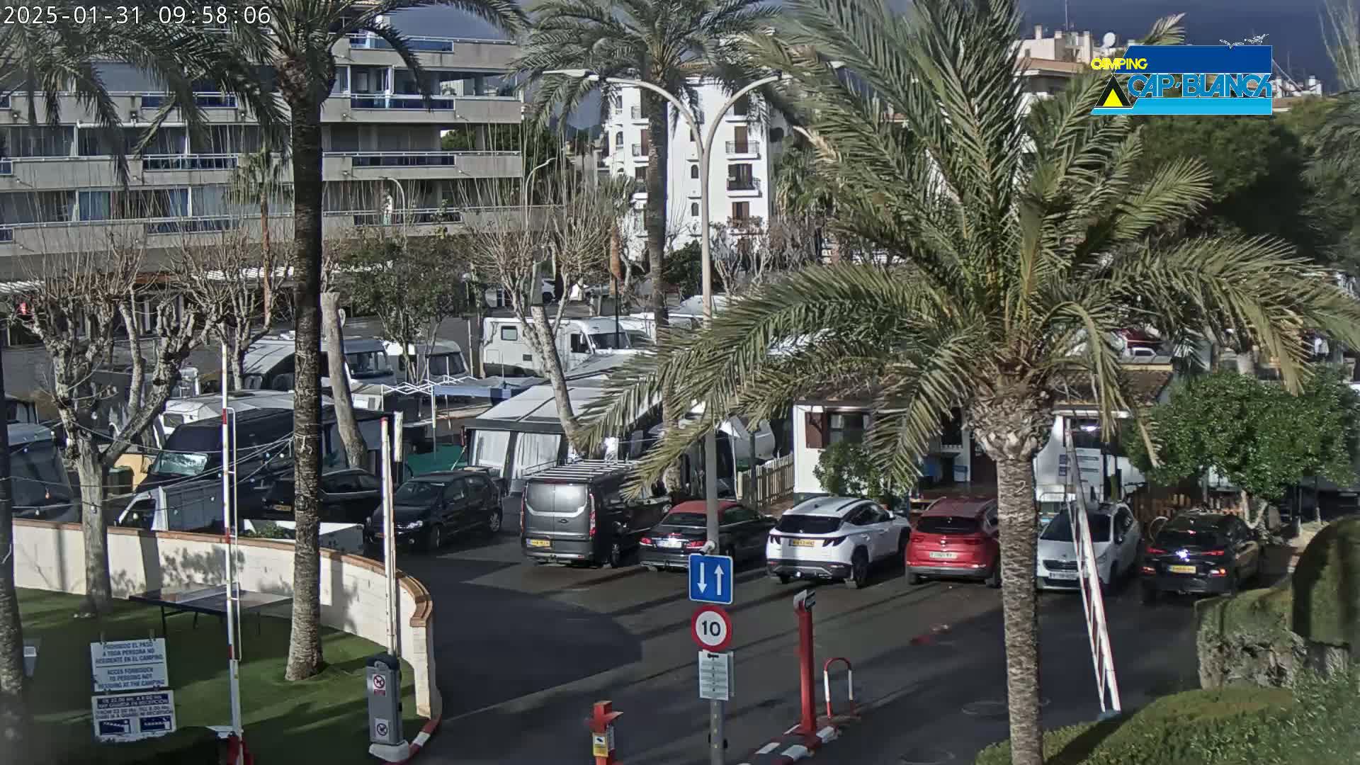 A parking lot filled with RVs and cars is partially visible under a partly cloudy sky, surrounded by palm trees and apartment buildings.