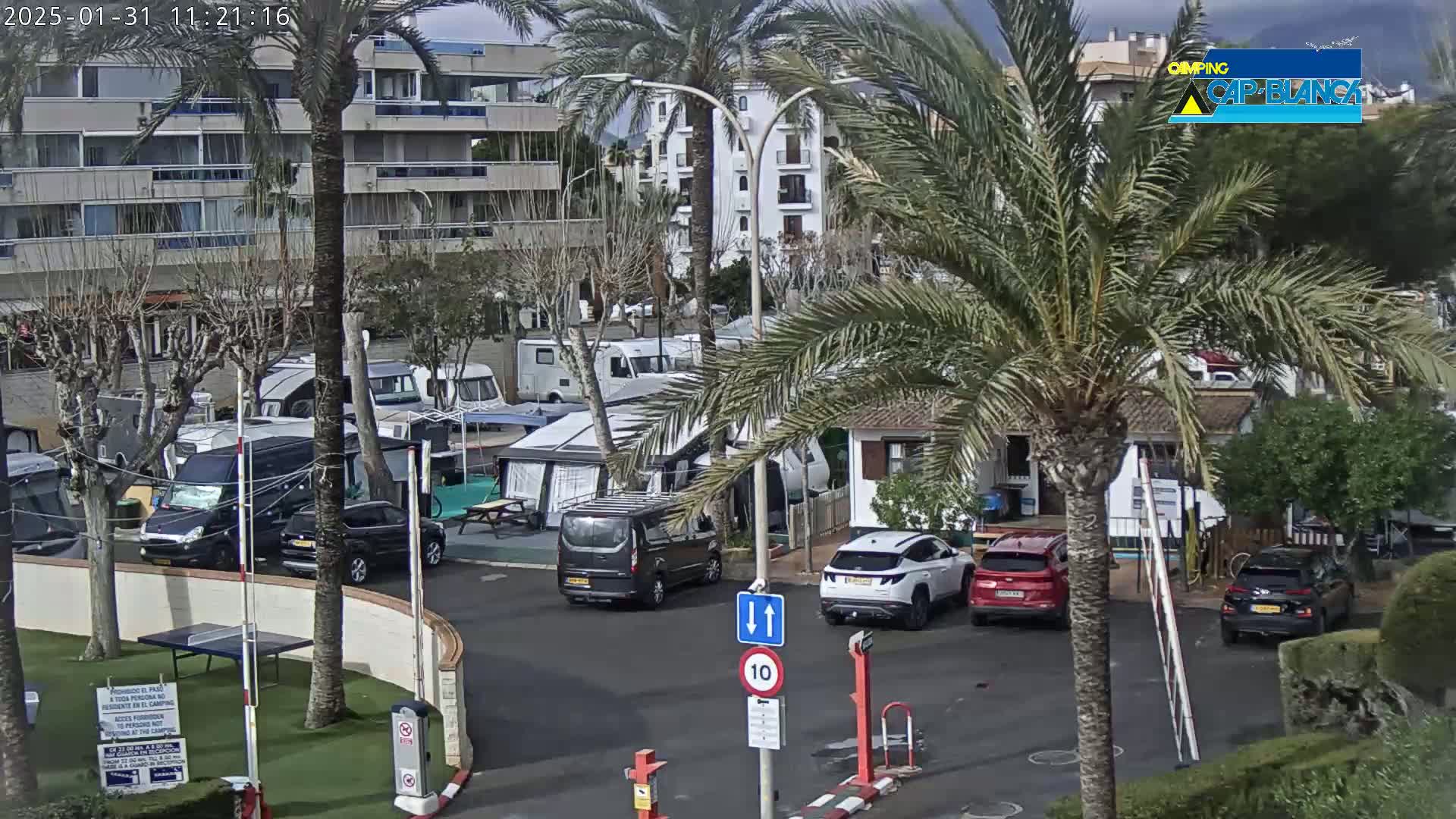 A parking lot filled with campervans and cars is situated near a multi-story building under an overcast sky.