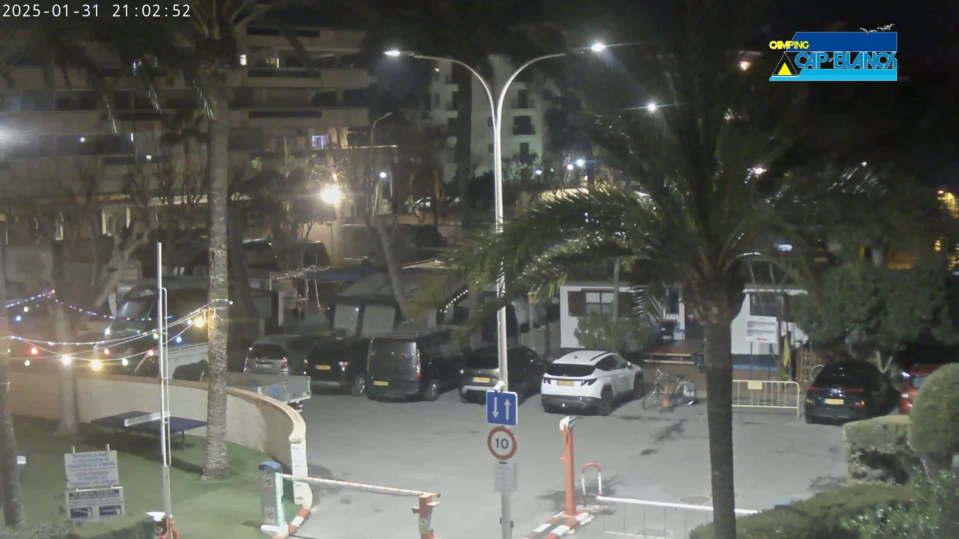 A nighttime view of a parking lot surrounded by palm trees and buildings, with string lights and several cars parked.