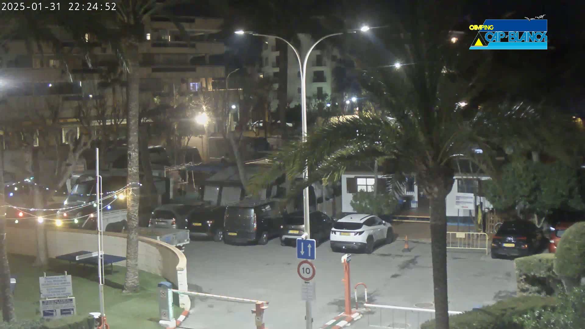 A nighttime parking lot scene with several cars parked, illuminated by streetlights, surrounded by palm trees and buildings, with string lights visible in the background.