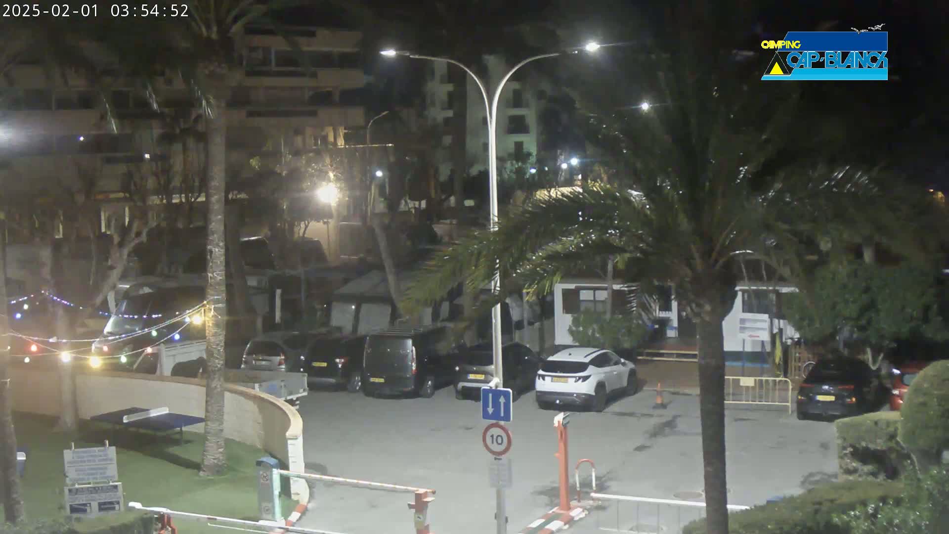 At night, under artificial light, a parking lot with several cars is surrounded by palm trees and buildings, with string lights visible in the foreground.