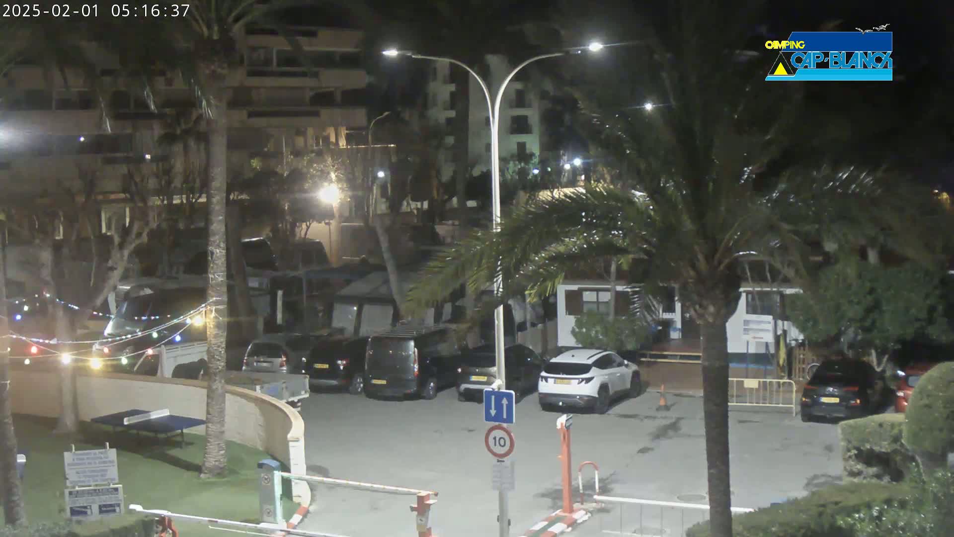 A nighttime view of a parking lot with several cars parked, palm trees, and a building in the background, under dark conditions.