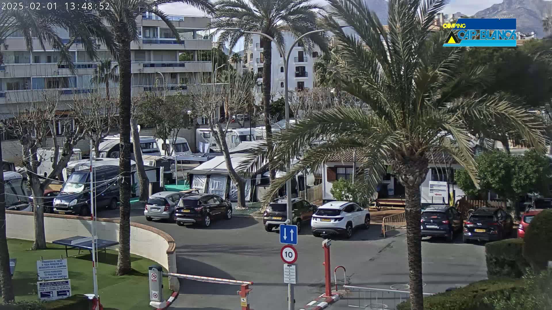 A sunny outdoor scene shows a campground with numerous RVs and cars parked amongst palm trees and buildings, near a gated entrance.