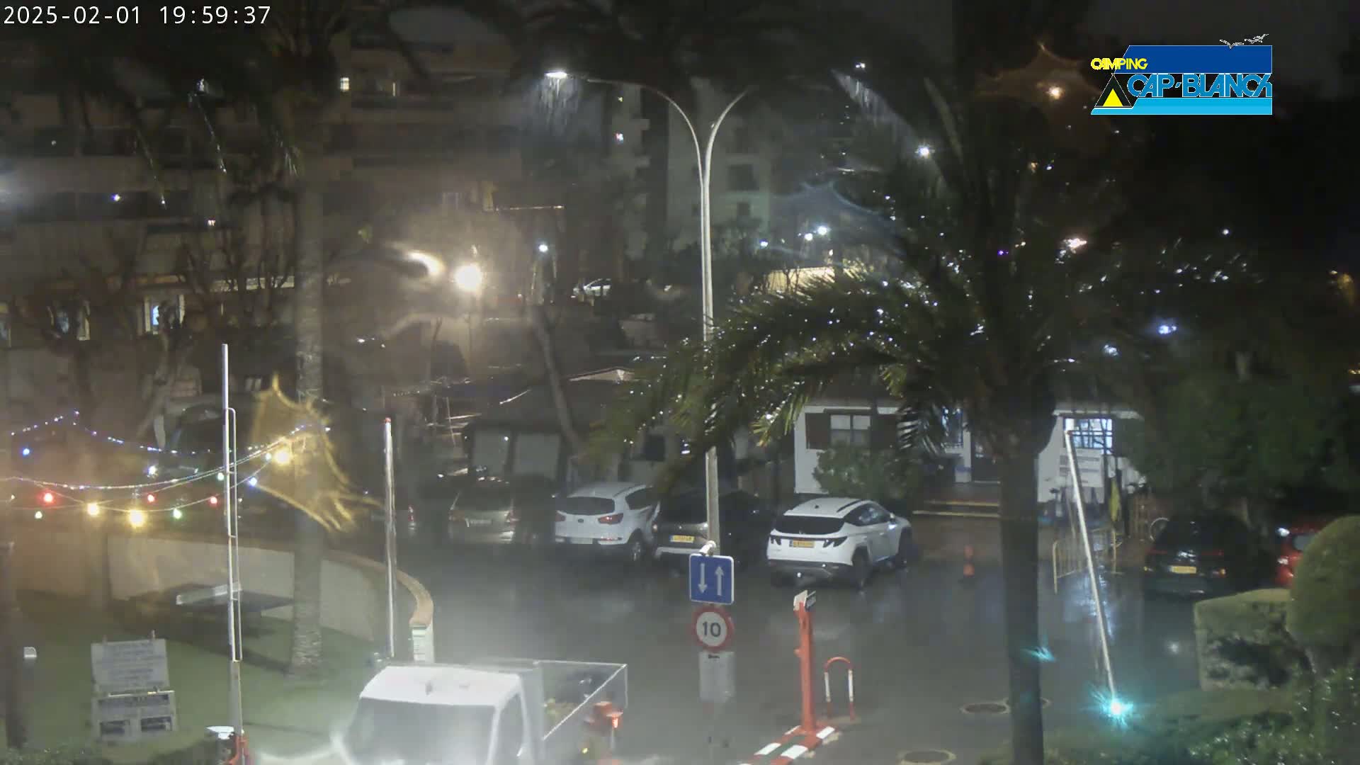 A nighttime scene of a rain-soaked parking lot and surrounding buildings, with palm trees and string lights visible.