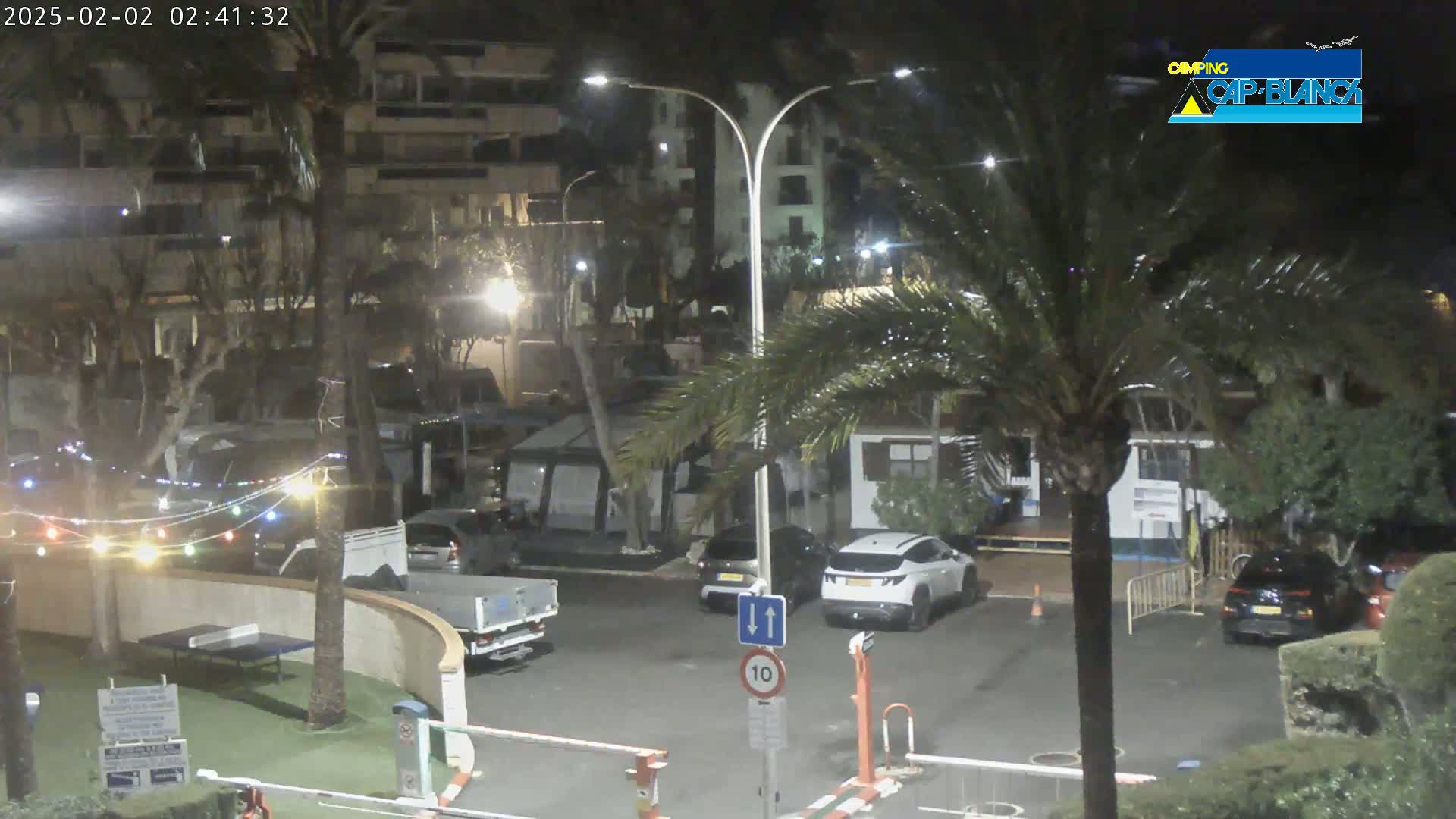 A nighttime view of a parking lot with several cars and RVs, surrounded by palm trees and buildings, under clear skies.