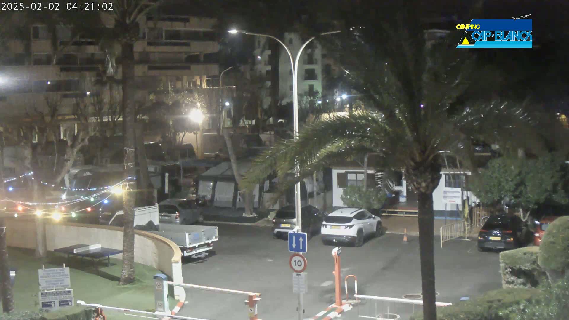 A nighttime view of a parking lot with several cars, a small truck, and a tent, situated near buildings and palm trees under windy conditions.