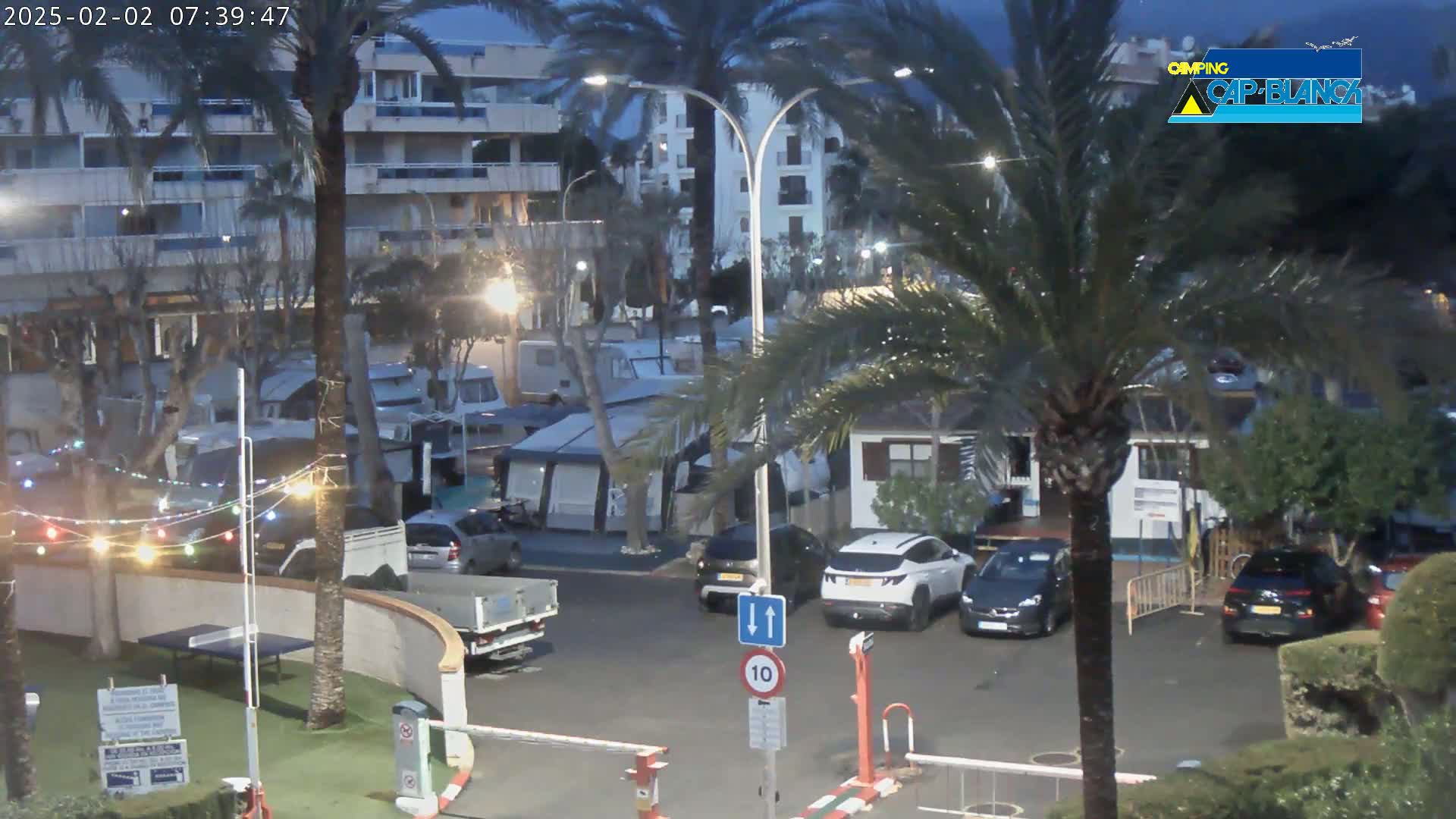 A nighttime view of a parking lot with RVs and cars, situated near a multi-story building and palm trees under a dark sky.