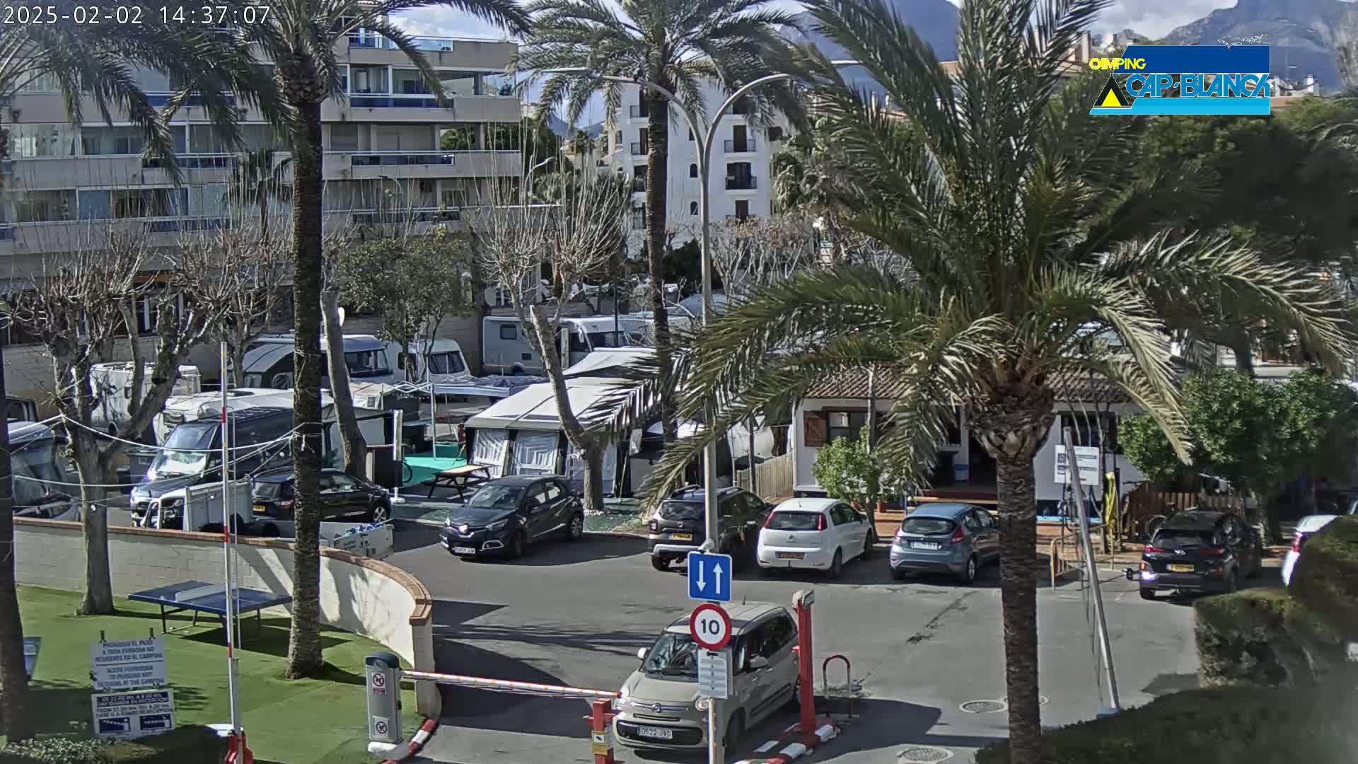 A sunny day at a campground with numerous RVs and cars parked in a lot next to apartment buildings and palm trees.