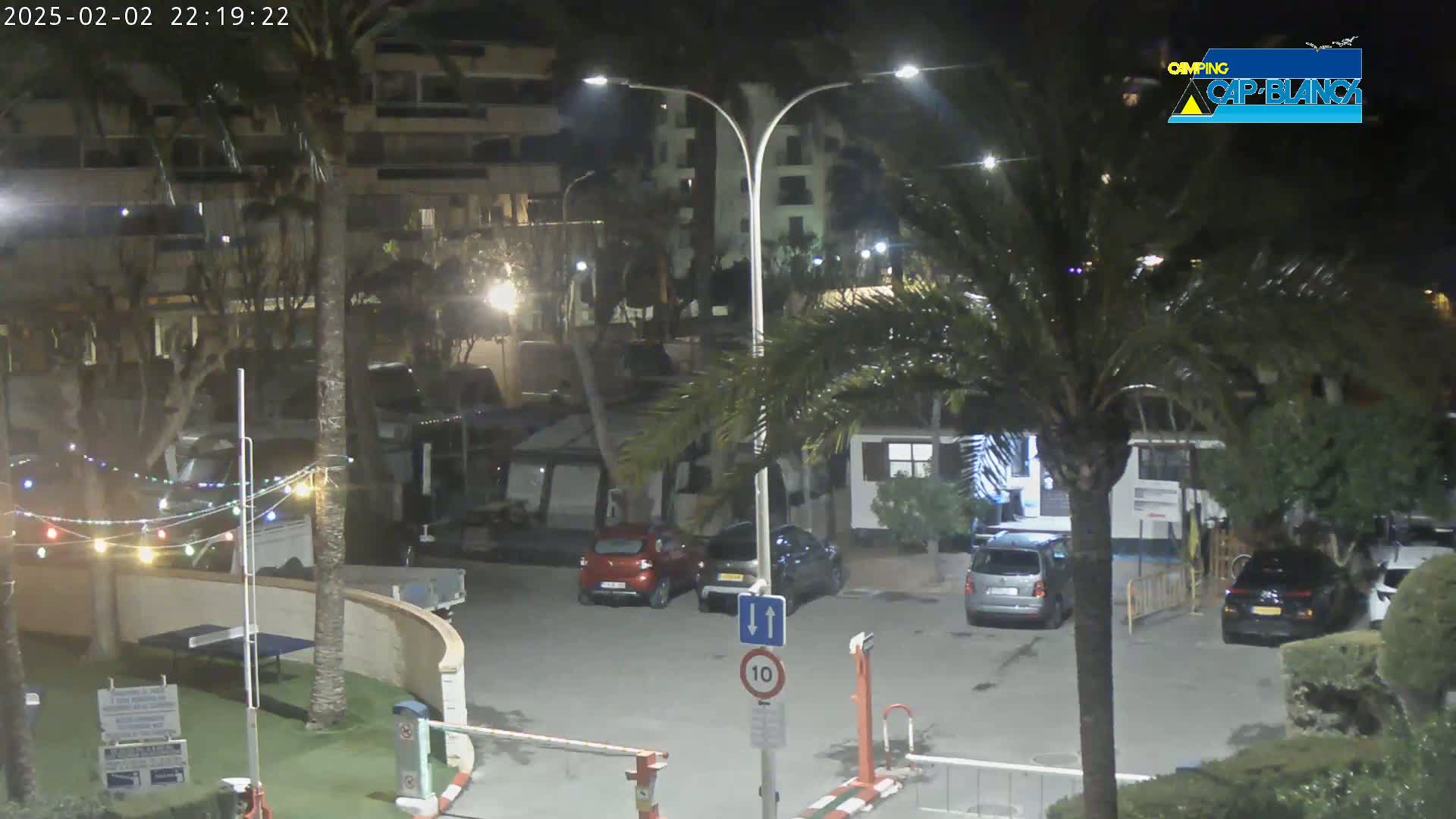 A nighttime view of a parking lot with several cars, palm trees, and a building under artificial lighting.