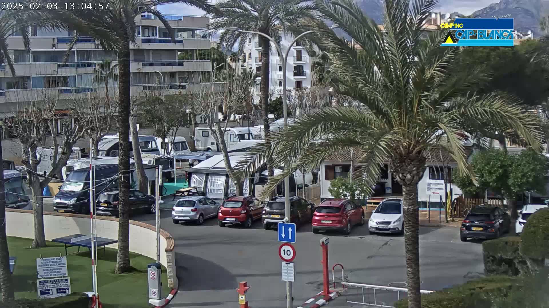 A parking lot filled with RVs and cars under a partly sunny sky, next to a multi-story building and palm trees.