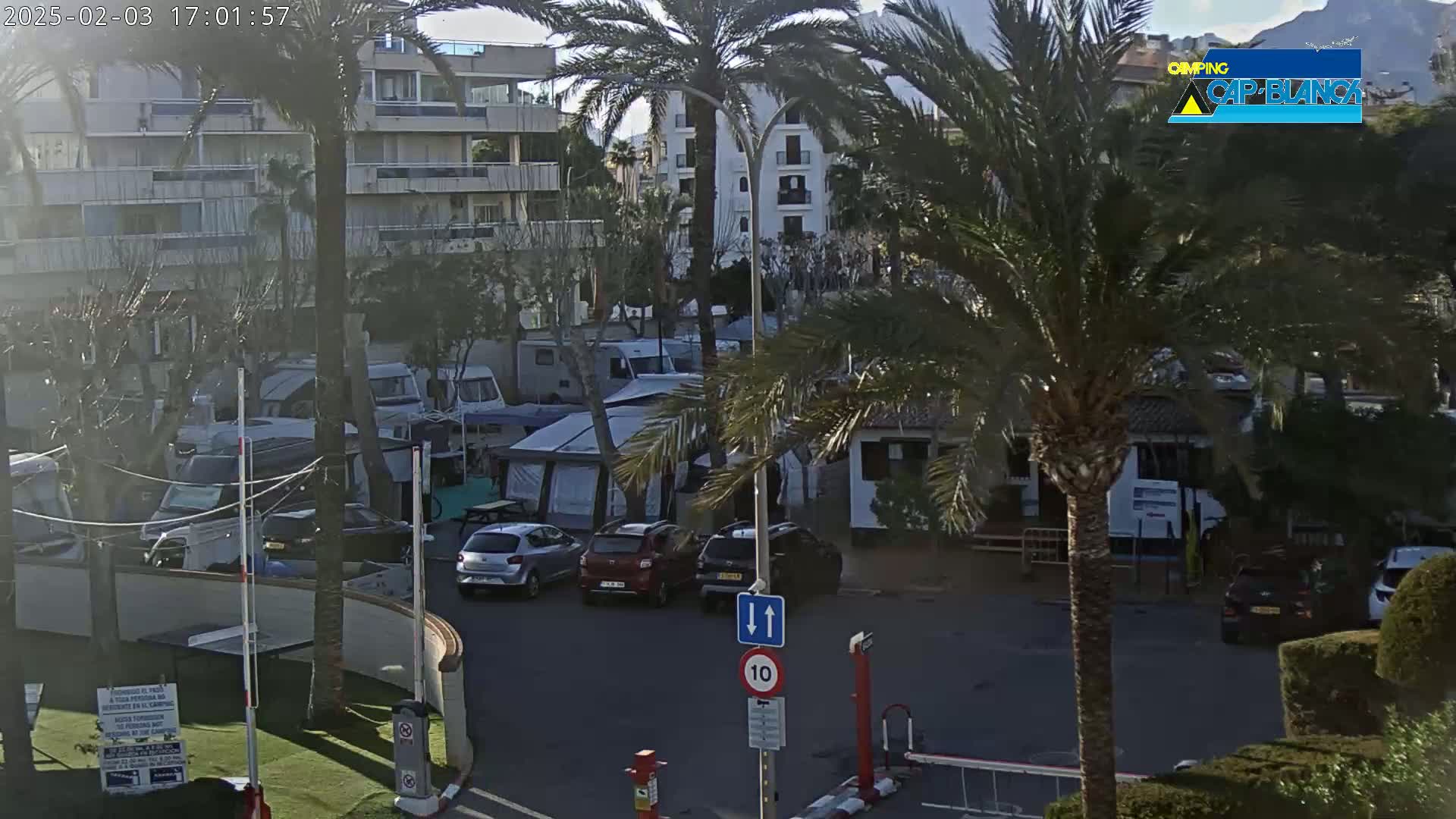 A sunny parking lot with numerous RVs, tents, and cars is situated near a multi-story building, partially obscured by palm trees.