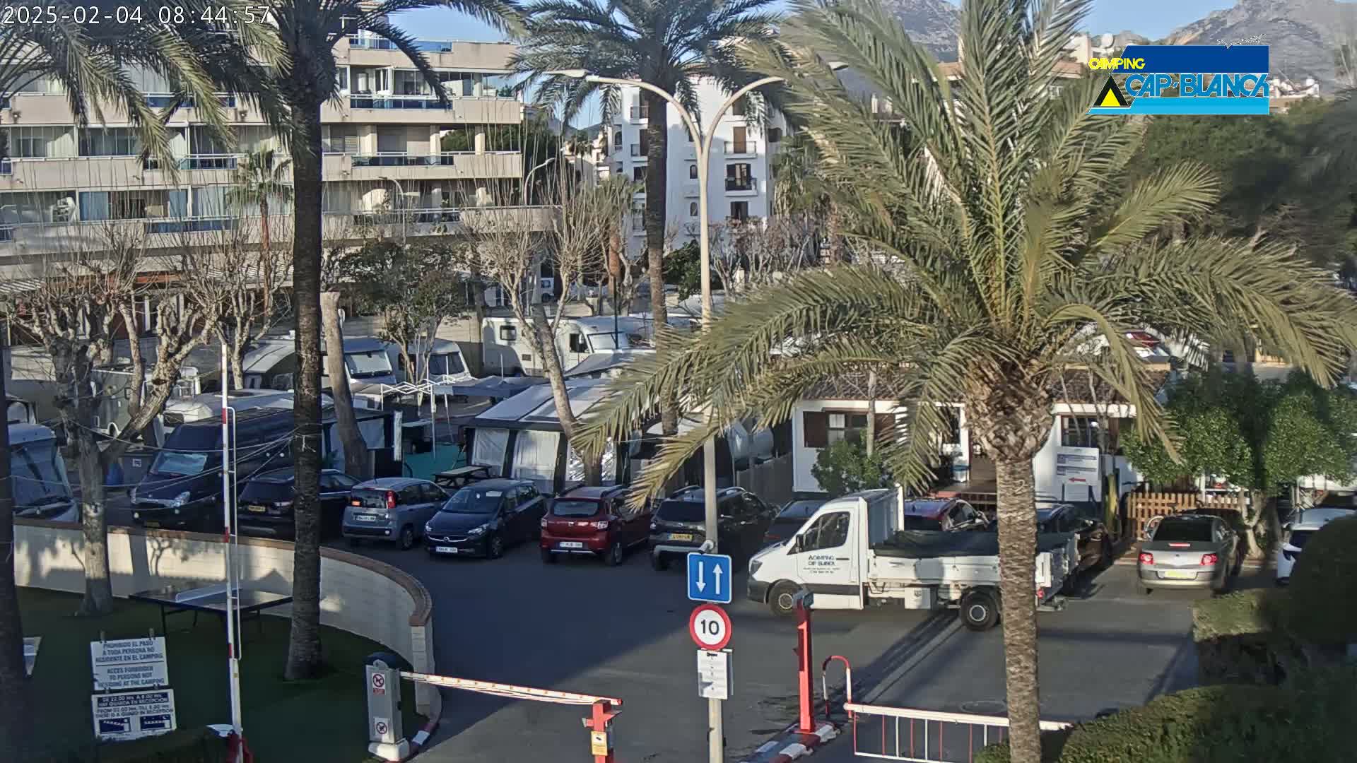 A sunny outdoor scene shows a campground with numerous RVs and cars parked, situated near a multi-story building and palm trees.