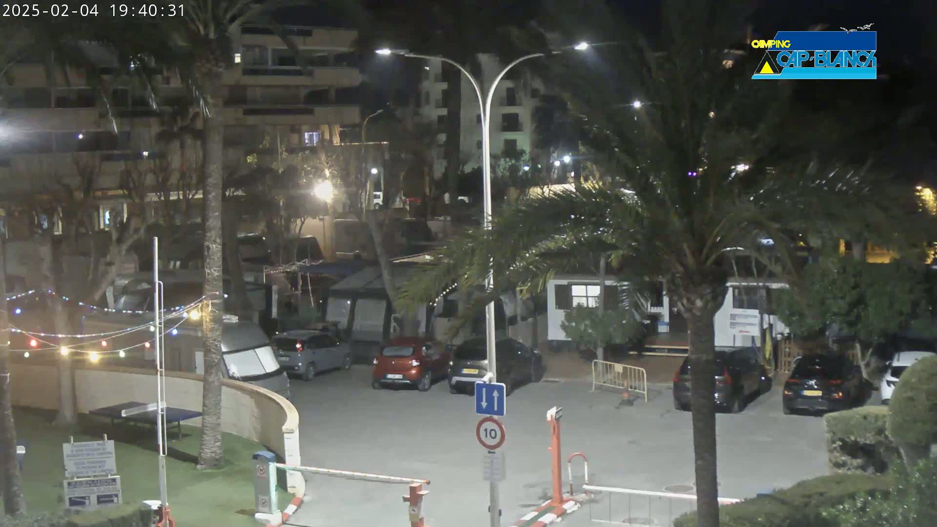 A nighttime view of a parking lot with cars and RVs parked under palm trees near buildings, illuminated by streetlights.