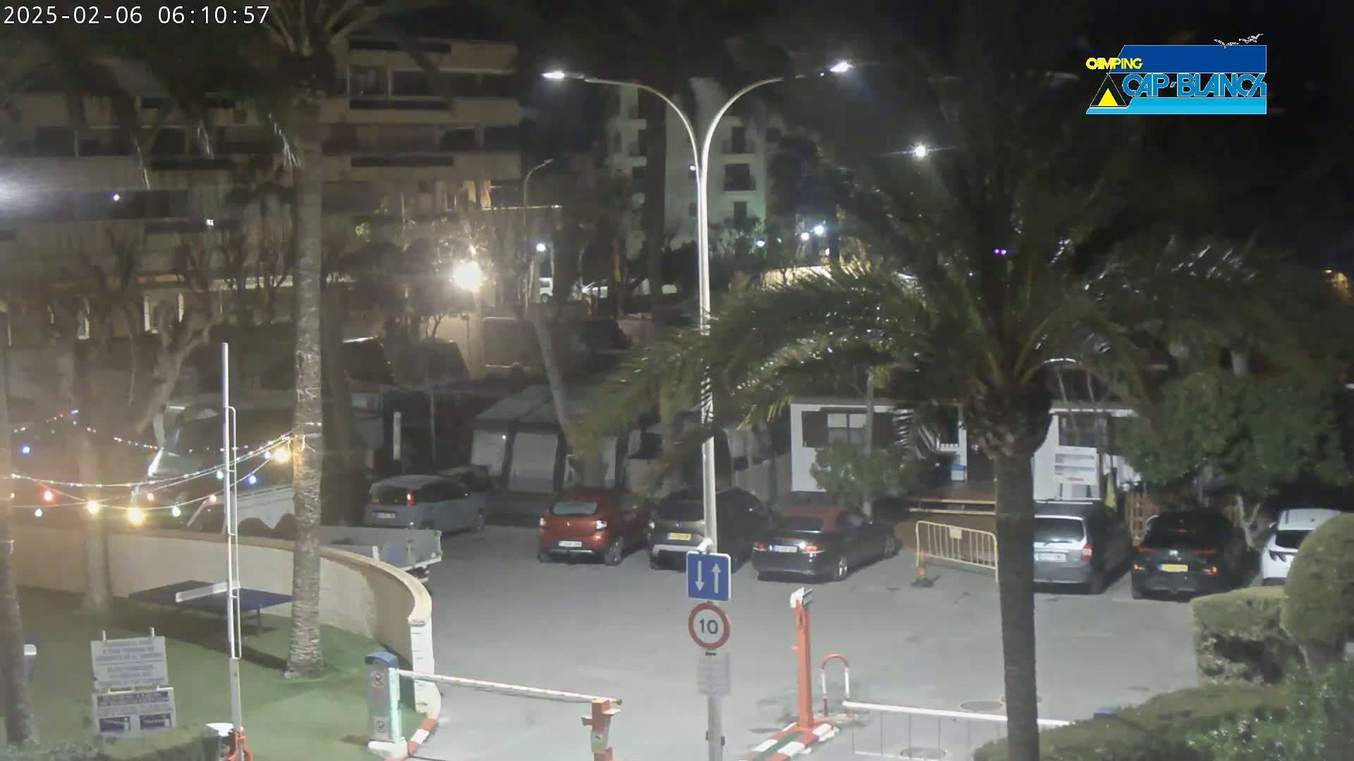 A nighttime view of a parking lot with several cars, surrounded by palm trees and apartment buildings, under clear skies.