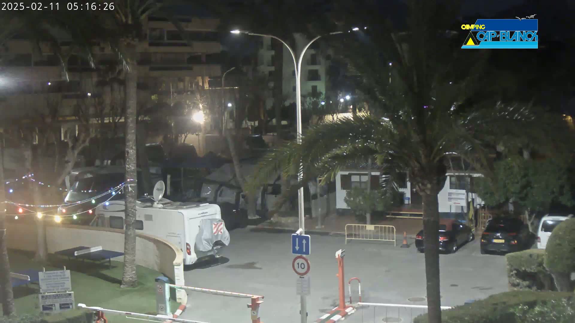 At night, a parking lot with several RVs and cars is illuminated by streetlights, with palm trees and a building in the background.