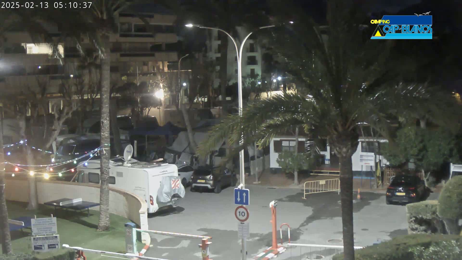 A nighttime view of a campground with several RVs and cars parked under palm trees, string lights, and a ping pong table.
