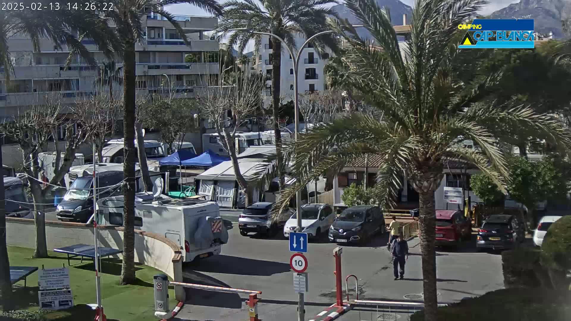 A sunny outdoor scene shows a parking lot filled with recreational vehicles, cars, and palm trees, next to a multi-story building.