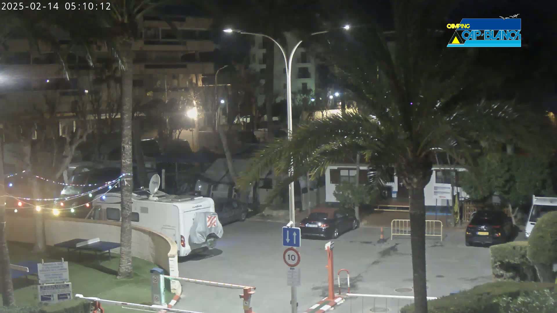 A nighttime view of a parking lot with several cars and RVs, palm trees, and string lights, under partly cloudy skies.
