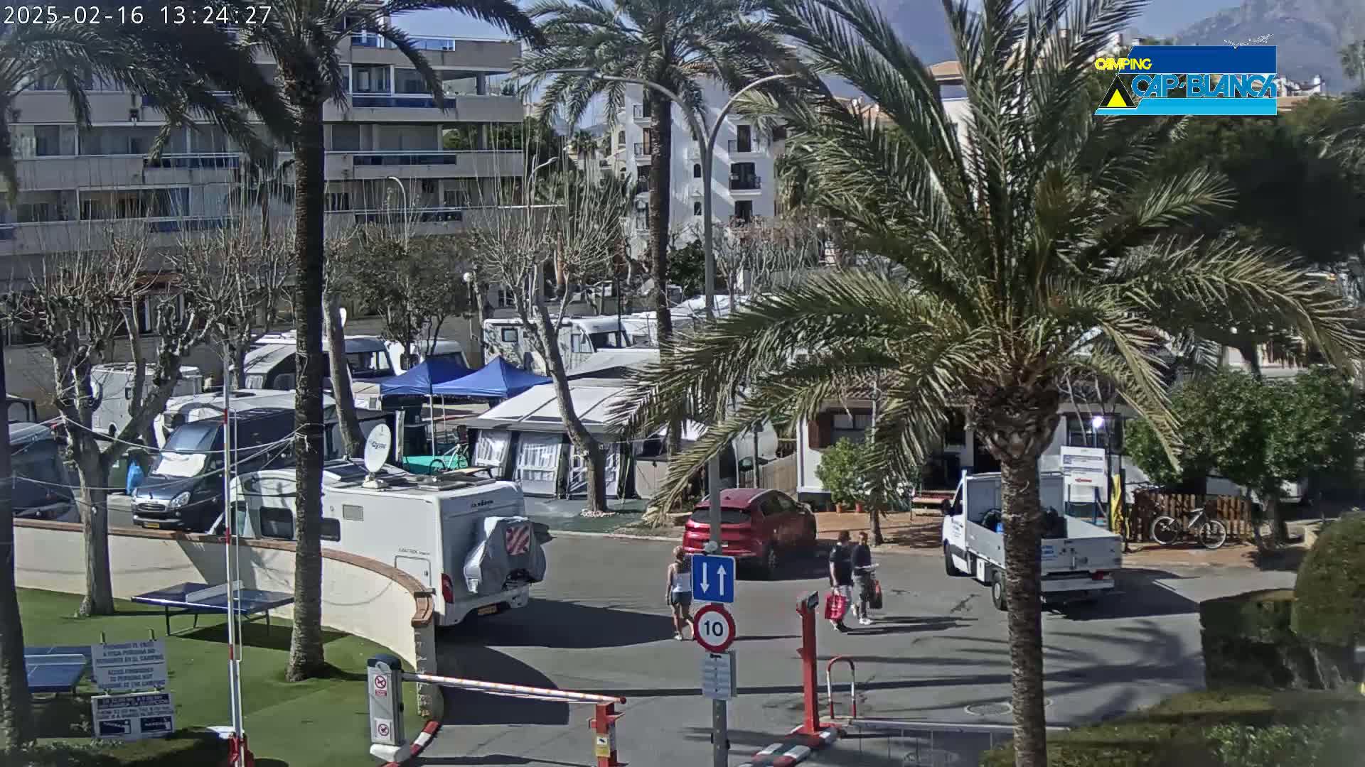 A sunny day at a campground with numerous RVs and campers parked among palm trees and buildings, with a few people walking around.