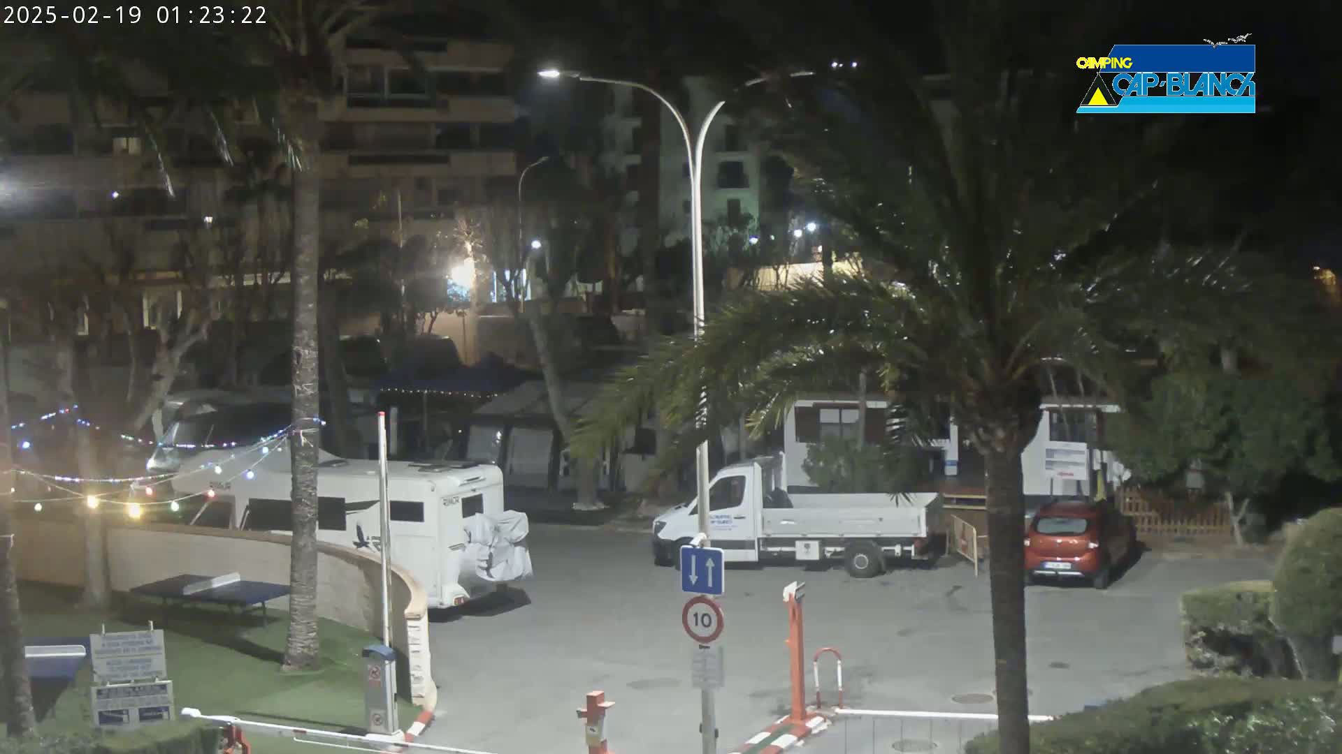 A nighttime view of a parking lot with several RVs, cars, and palm trees, illuminated by streetlights.