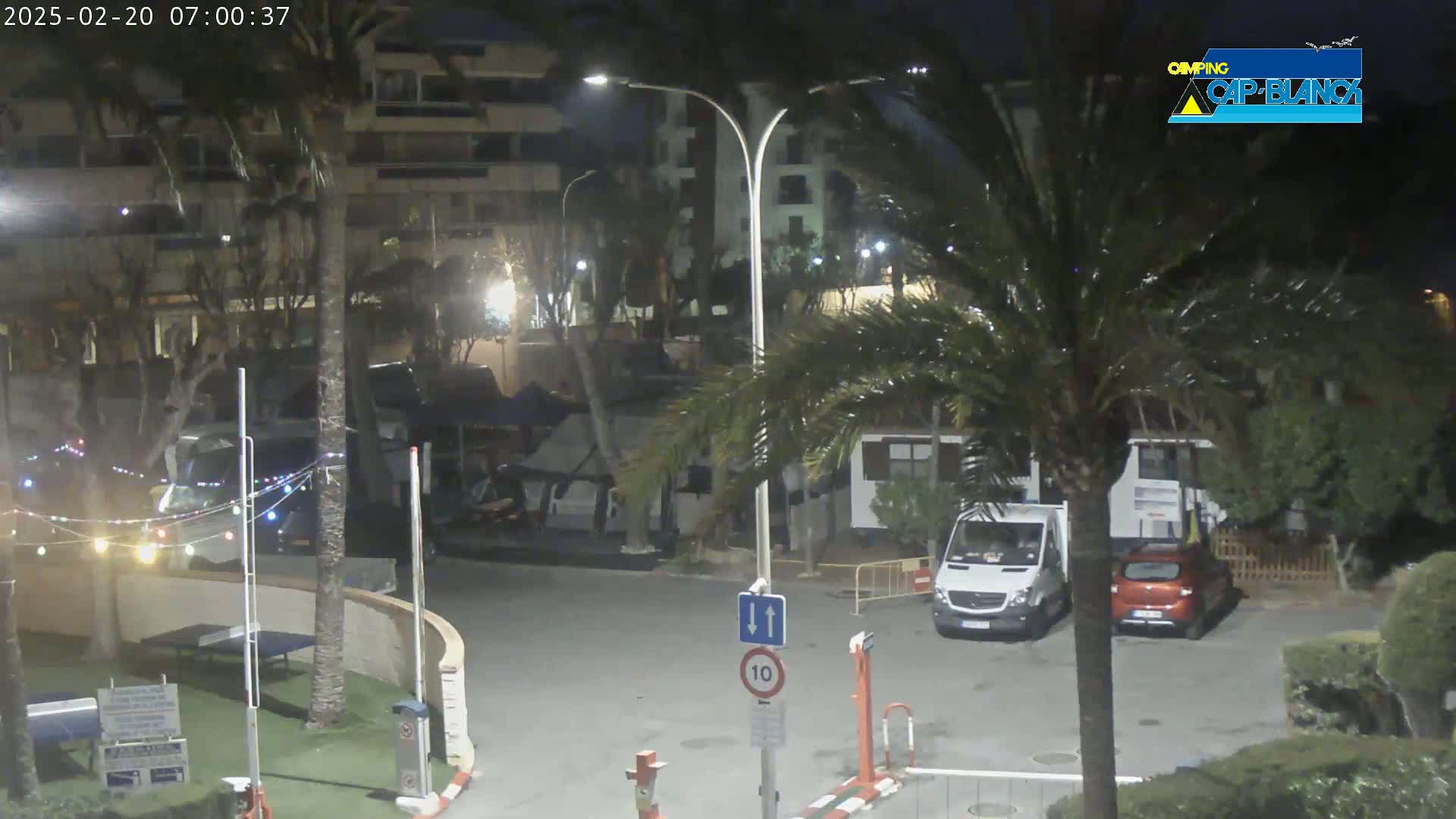 A nighttime view of a parking lot with palm trees, buildings, and a few vehicles, illuminated by streetlights.