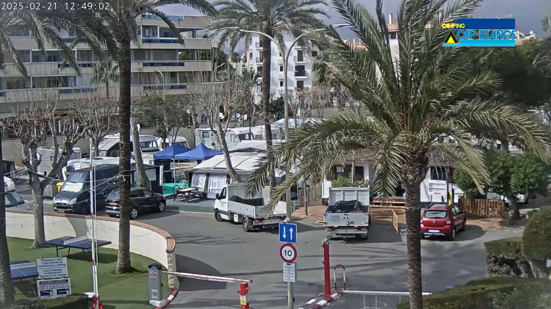 A sunny outdoor scene shows a parking lot with numerous RVs and cars, surrounded by palm trees and buildings.