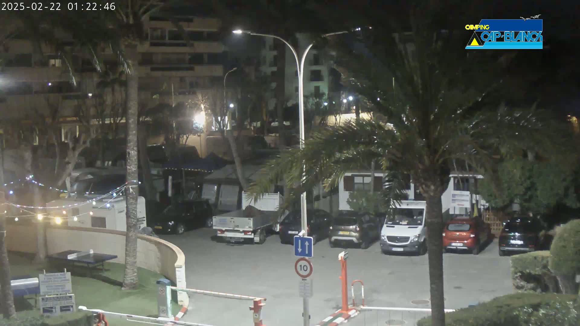 A nighttime parking lot with several vehicles, surrounded by palm trees and apartment buildings, illuminated by streetlights.