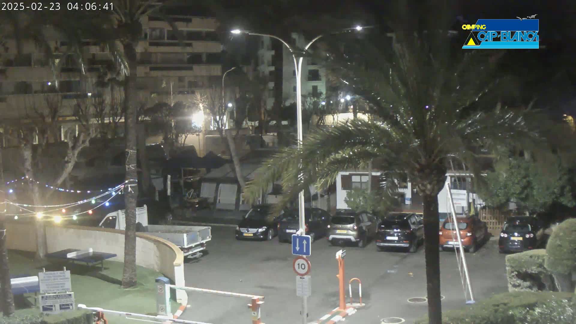 A nighttime view of a parking lot with several cars parked, surrounded by palm trees, buildings, and string lights, under slightly overcast conditions.