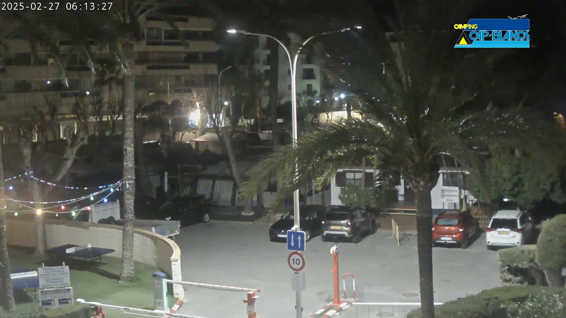 A nighttime view of a parking lot with several cars, palm trees, and buildings illuminated by streetlights, under slightly overcast conditions.