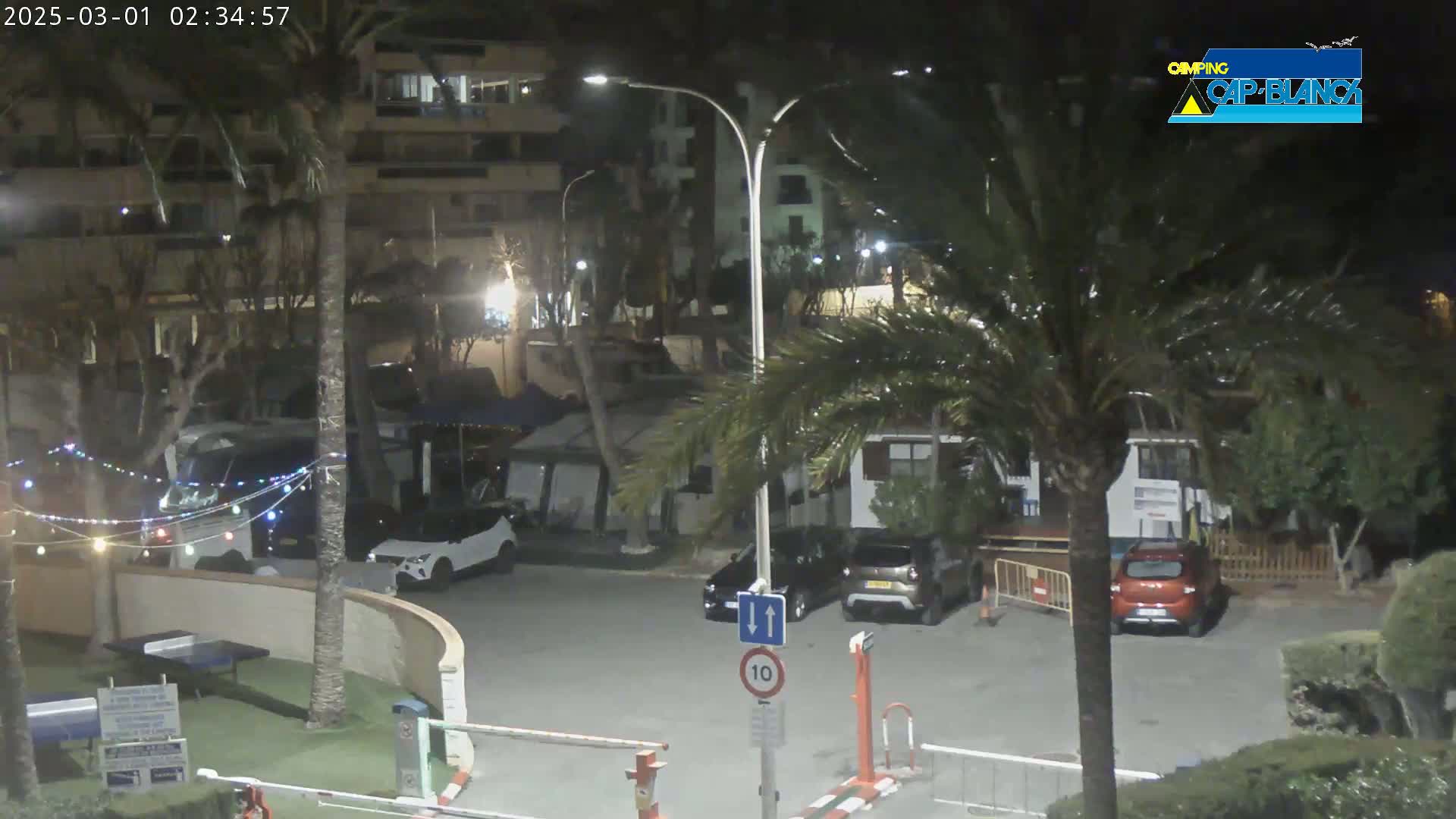 A nighttime view of a parking lot with several cars, surrounded by palm trees and buildings, with strings of lights visible.