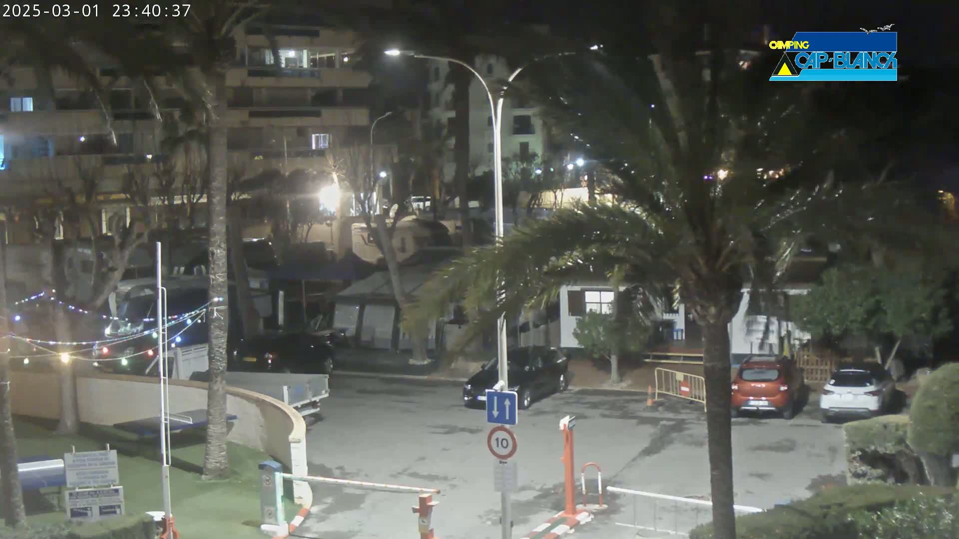 A nighttime view of a parking lot and surrounding buildings with palm trees, some cars, and string lights.