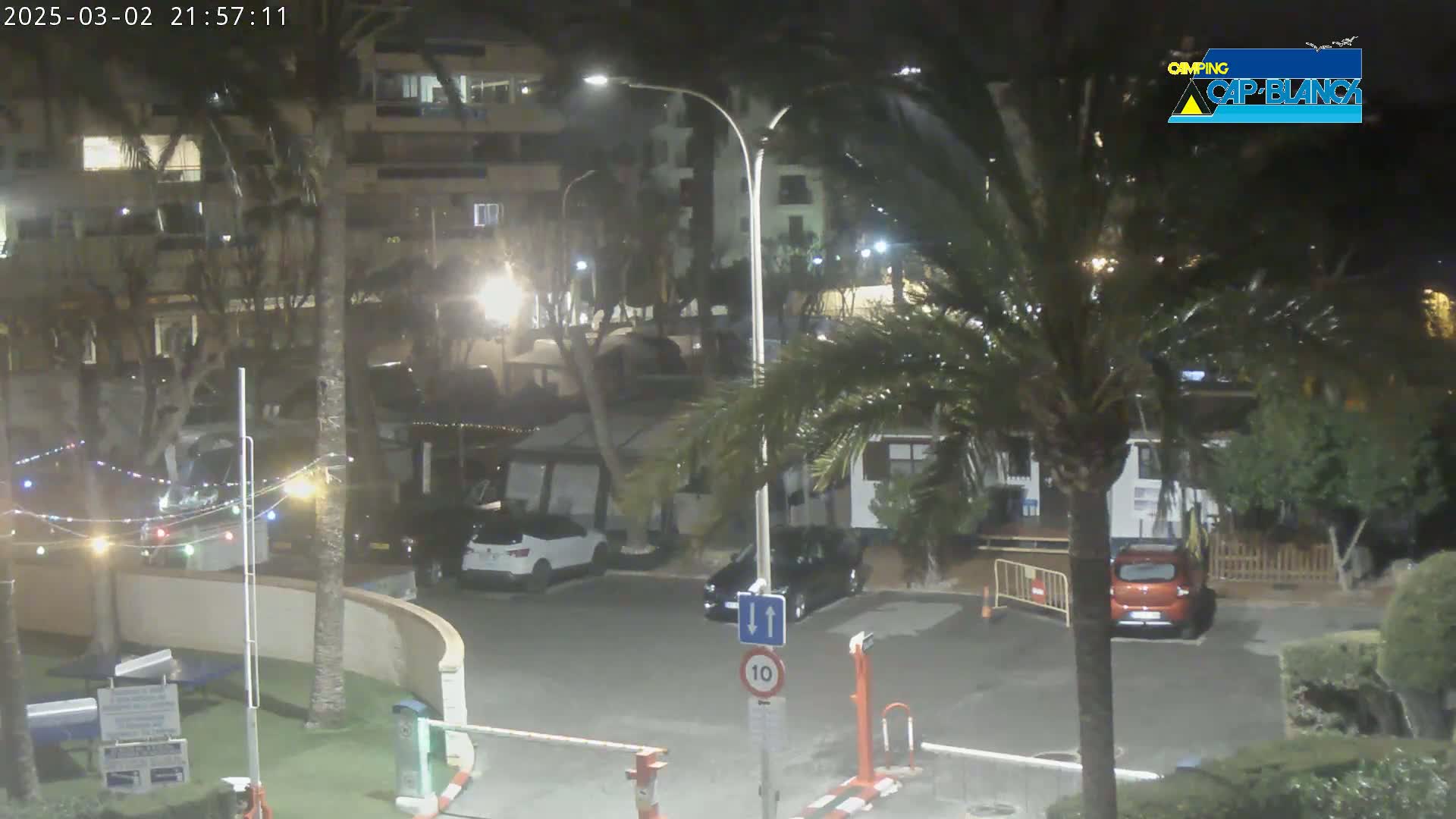 A nighttime scene shows a parking lot with several cars, palm trees, and buildings with lights on, under a dark sky.